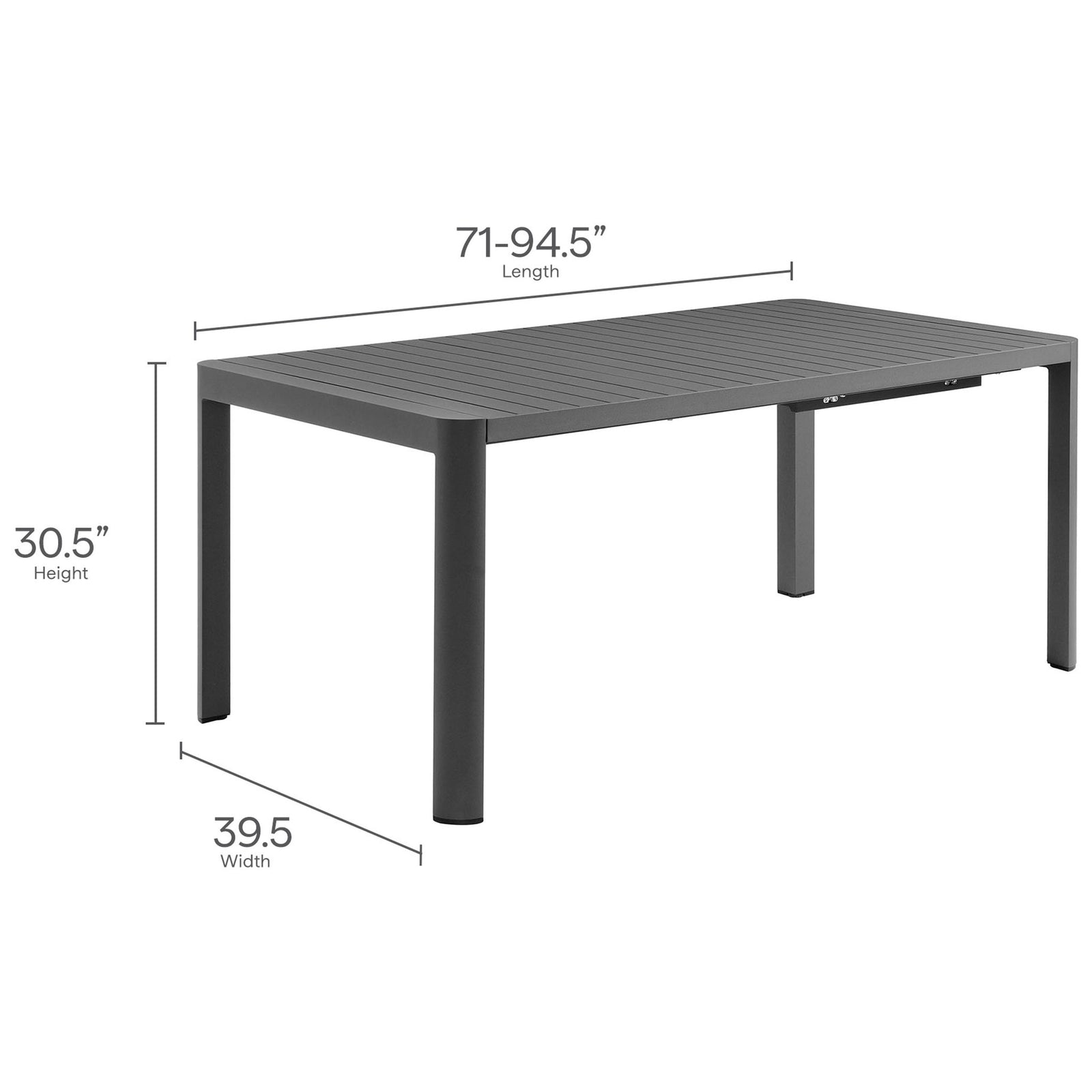 Diagram shows Tahoe extendable dining table dimensions and adjustable length range. || EEI-7236-GRY || dimension_studio