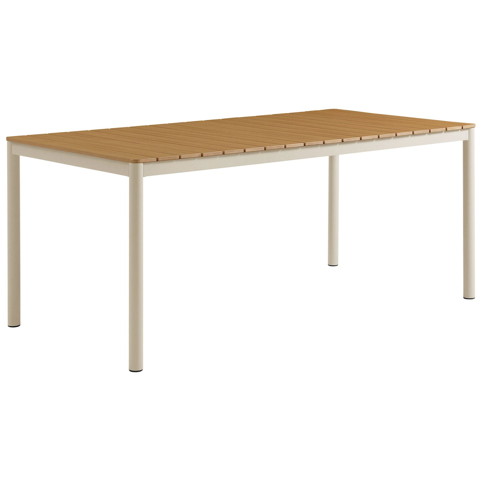 Natural slatted faux wood outdoor dining table with slim cream aluminum legs || EEI-7237-NAT || front_angle_studio