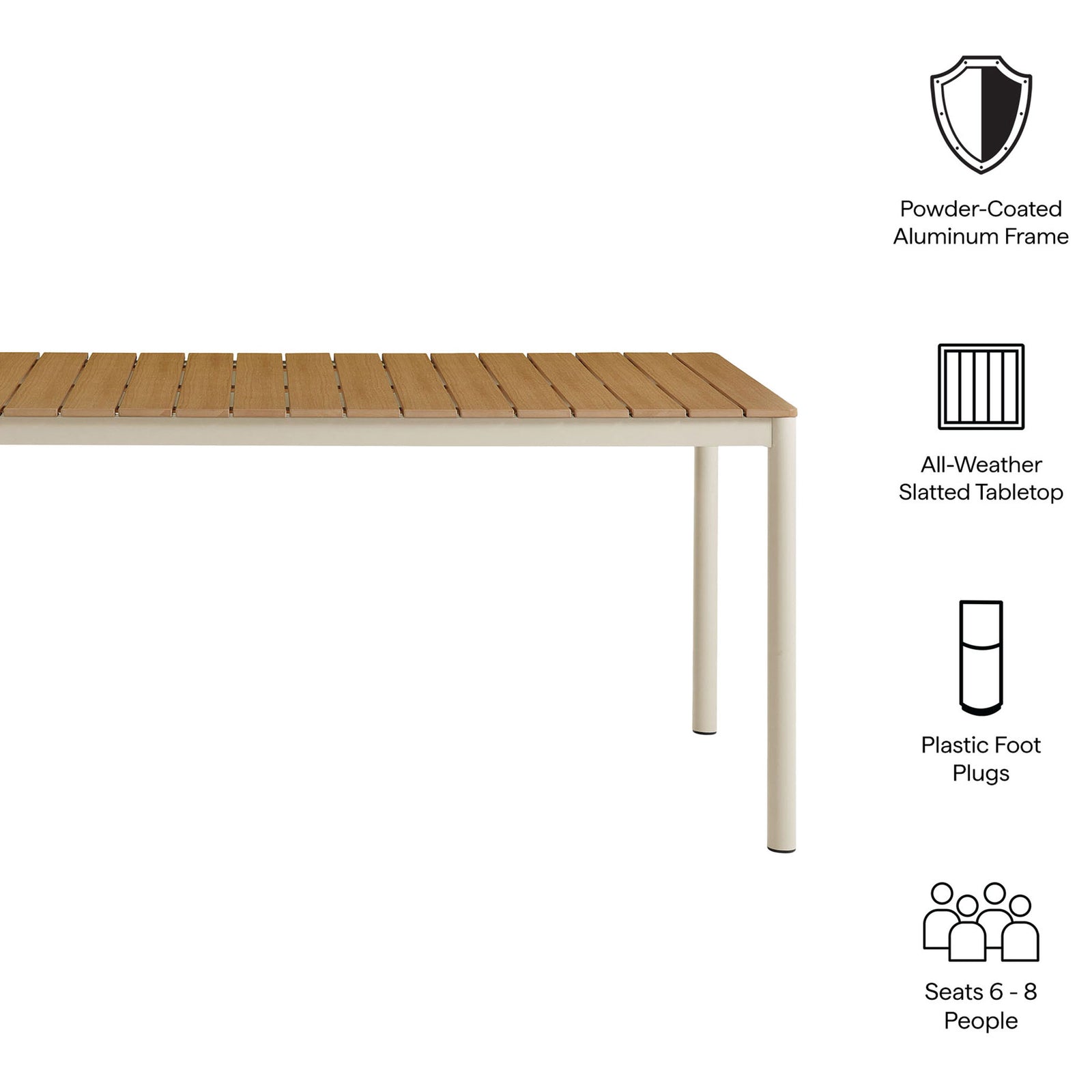 Icons highlight powder coated aluminum frame, all weather slatted top, and seating capacity || EEI-7237-NAT || callout_studio
