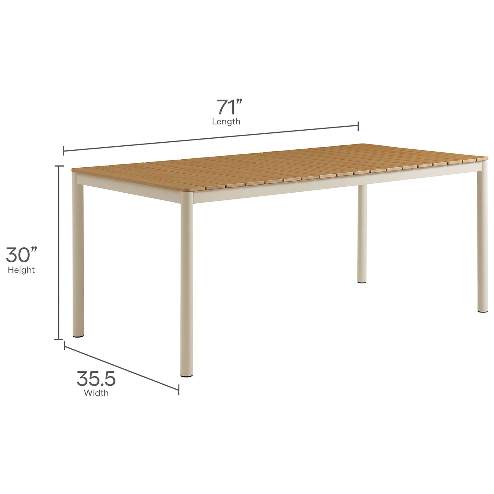 Measurements for Finn outdoor dining table showing 71 inch length, 35.5 inch width, and 30 inch height || EEI-7237-NAT || dimension_studio