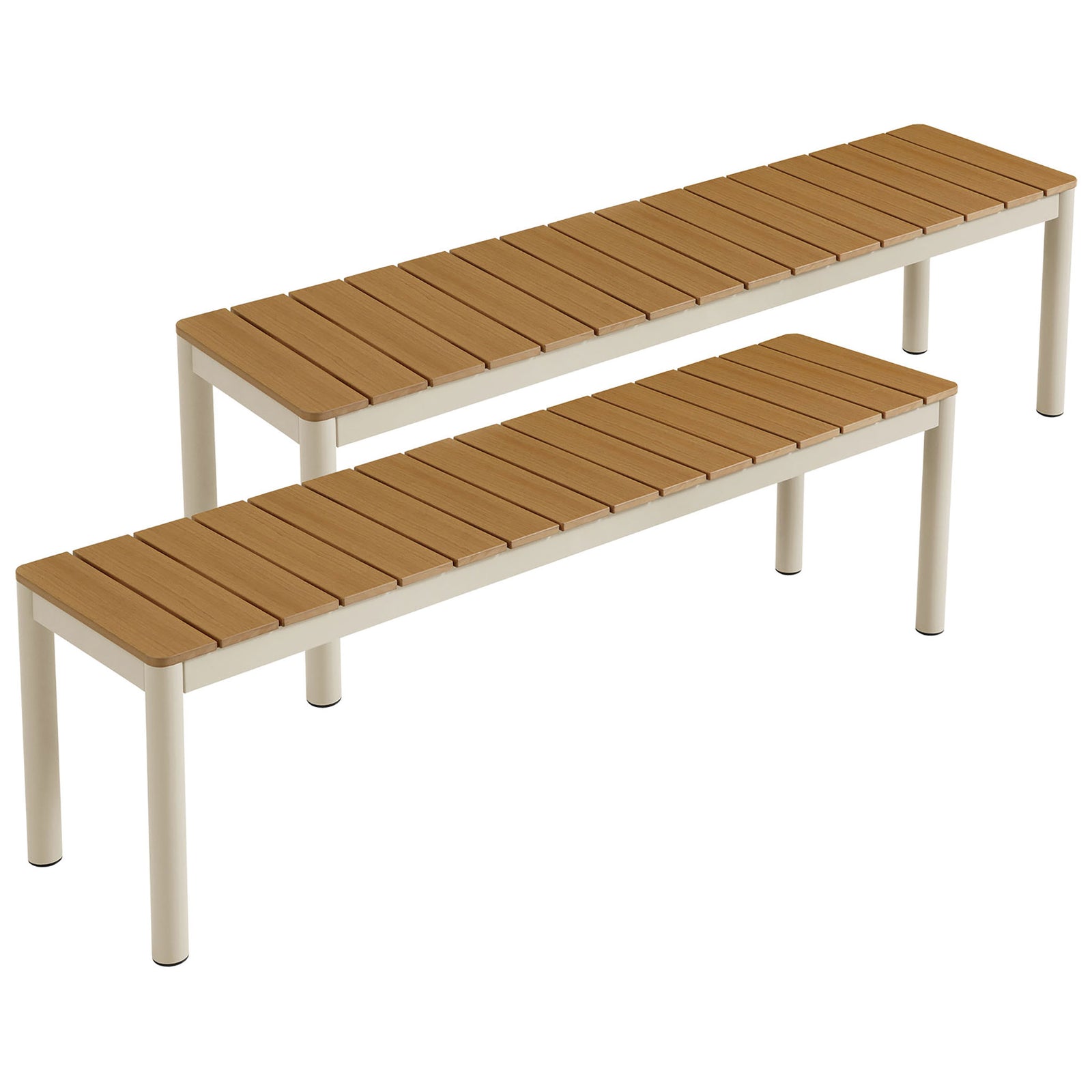 Pair of Finn benches staggered to showcase spacious seating and smooth faux wood slats || EEI-7238-NAT || front_angle_multi_studio