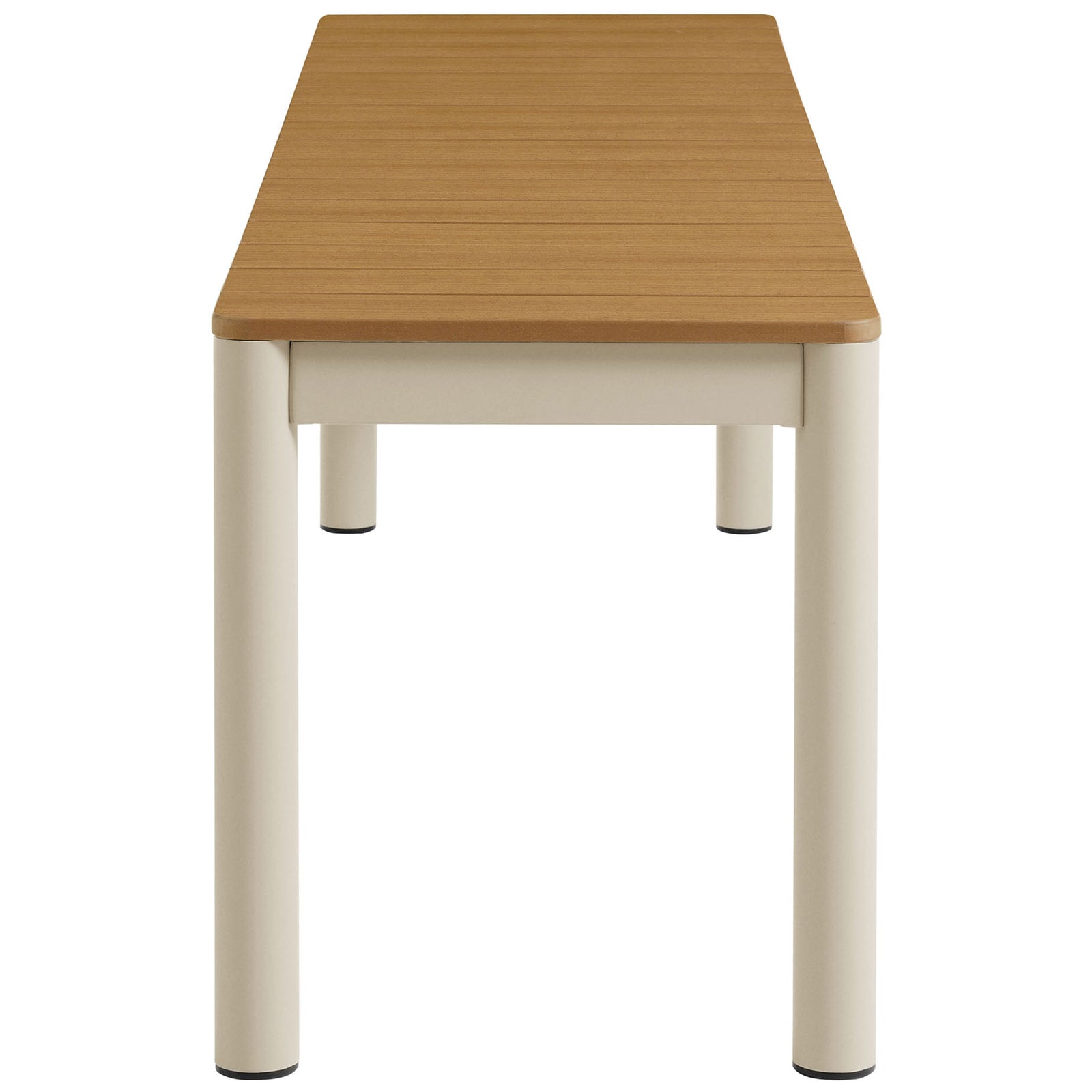 Finn outdoor bench showing rounded corners, slim faux wood planks, and sturdy cylindrical legs || EEI-7238-NAT || side_studio