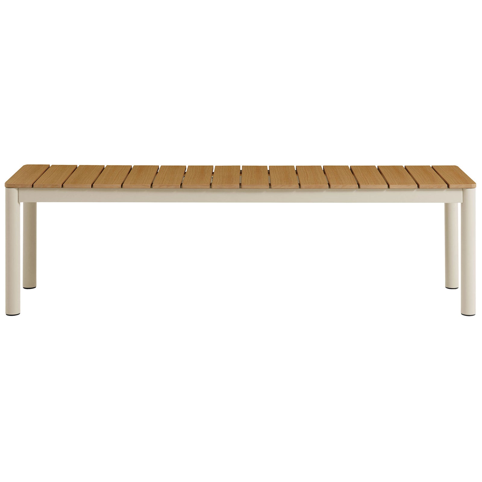Natural faux wood patio bench with sleek powder-coated frame and slatted seat for outdoor dining || EEI-7238-NAT || front_studio