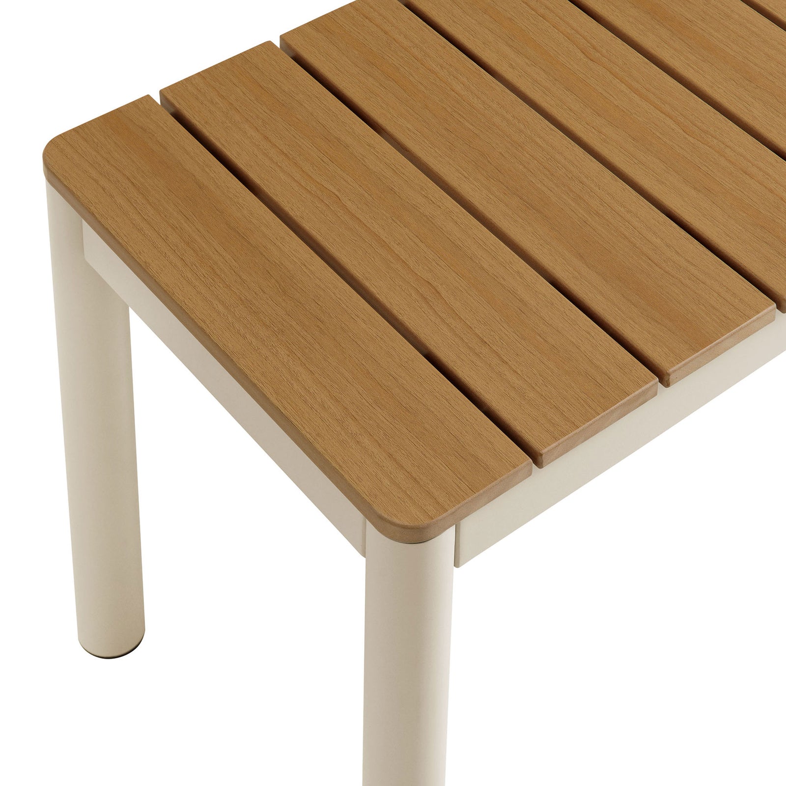 Smooth faux wood slats and rounded corner detailing on the Finn outdoor bench || EEI-7238-NAT || detail_studio