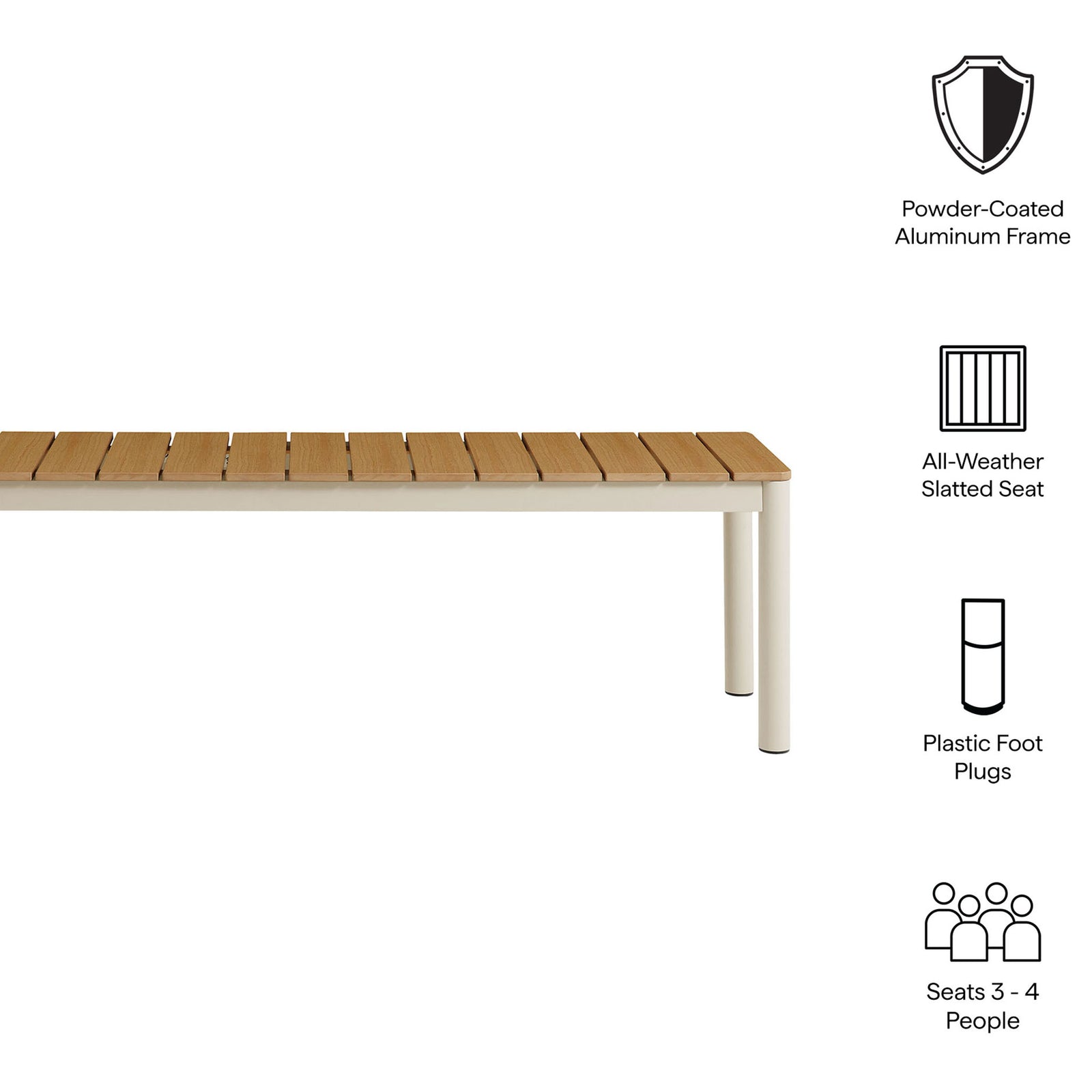 Feature icons highlighting powder-coated frame, all-weather slats, plastic foot plugs, and 3 to 4 person seating || EEI-7238-NAT || callout_studio