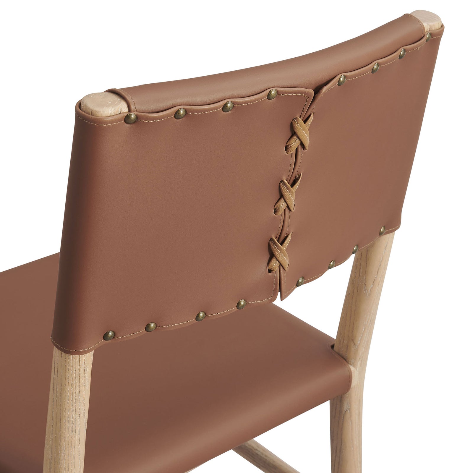 Vegan leather backrest with hand-laced seam and antique-style nailhead trim for artisan character || EEI-7240-NAT-SDL || detail_studio
