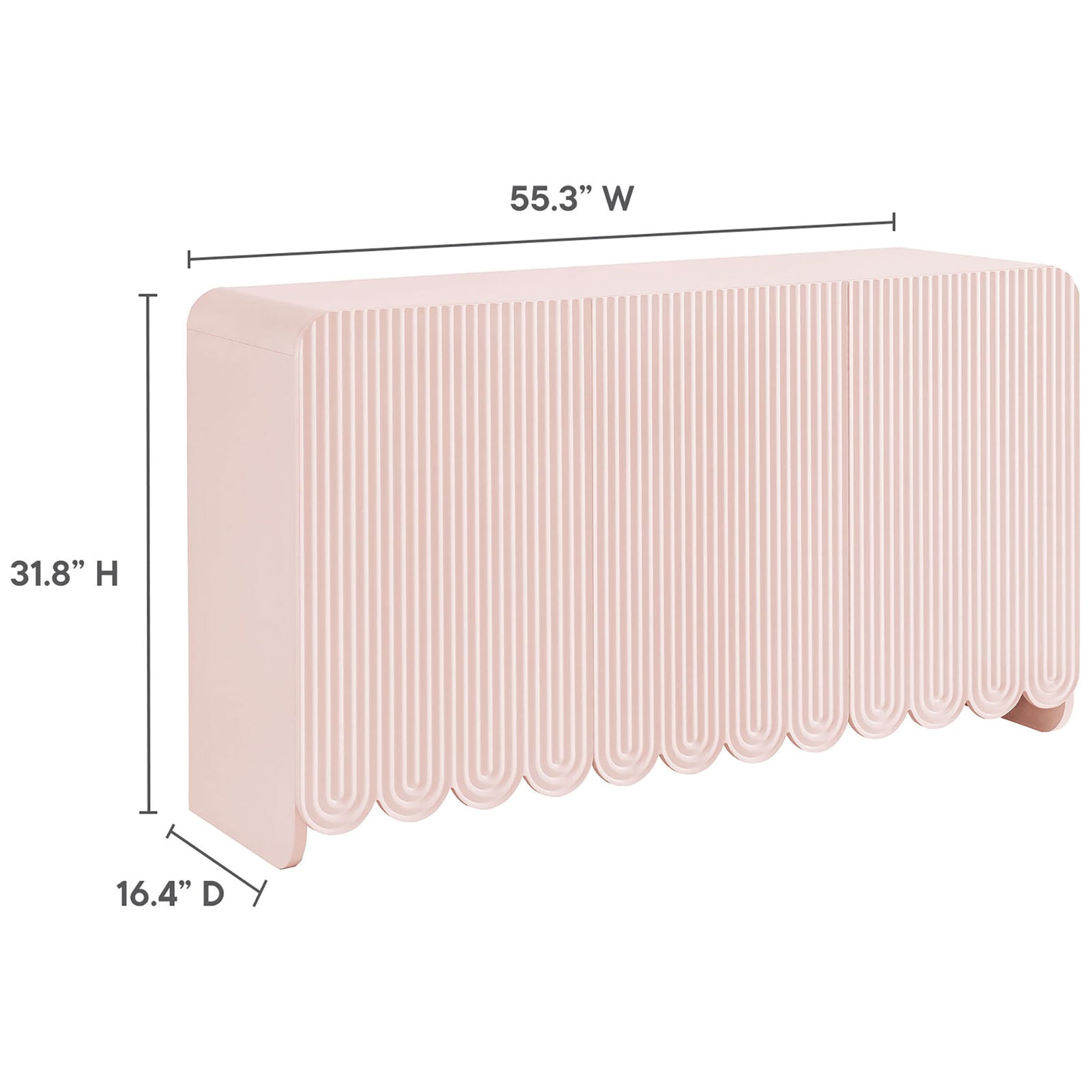 Soft pink Dahlia sideboard measures just over 55 inches wide, 32 inches high, and 16 inches deep || EEI-7241-PNK || dimension_studio
