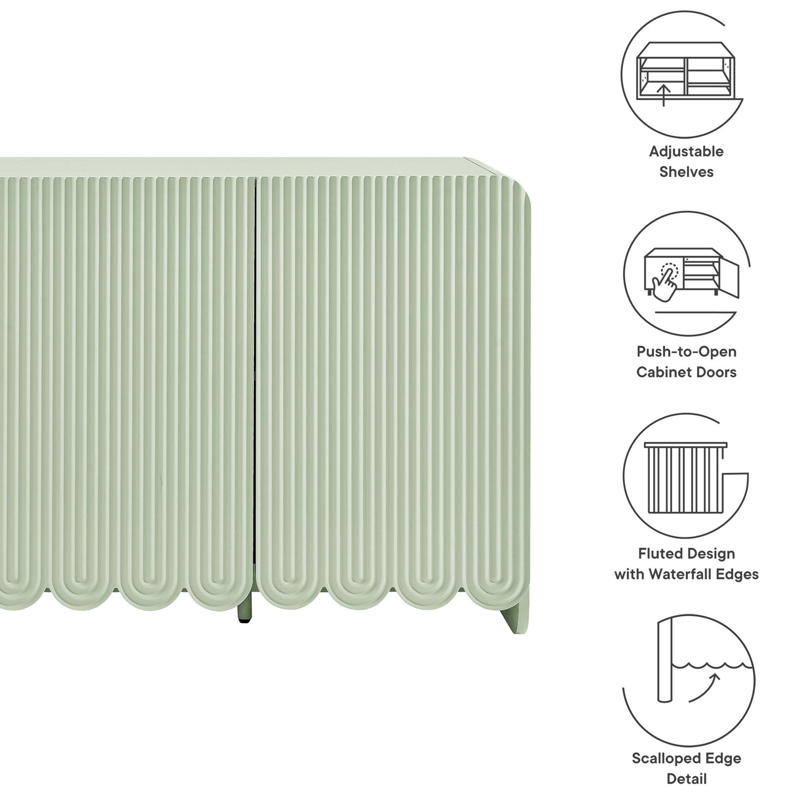 Feature graphic showing Dahlia sideboard fluted doors, scalloped edge, and adjustable shelves || EEI-7241-SGE || callout_studio