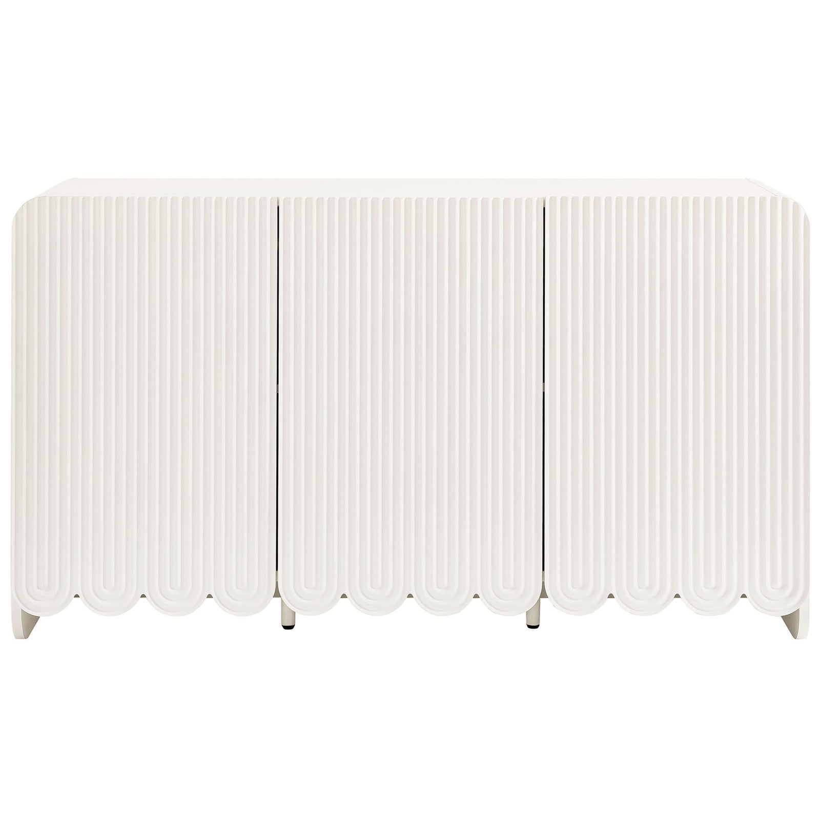 White fluted three-door sideboard with scalloped base and subtle center support legs || EEI-7241-WHI || front_studio