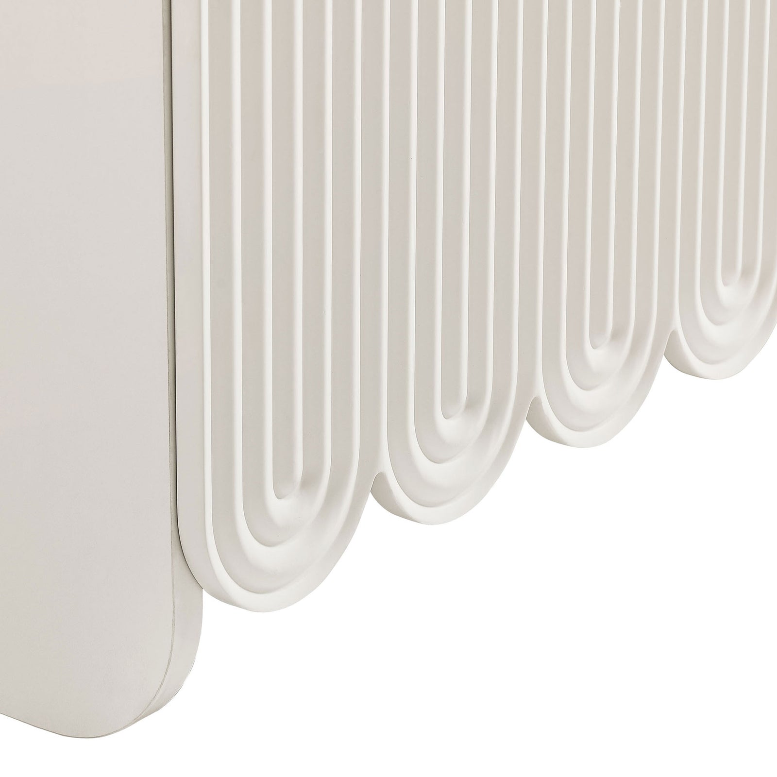 Sculpted fluted cabinet front with layered scalloped edge detail for a dimensional look || EEI-7241-WHI || detail_studio