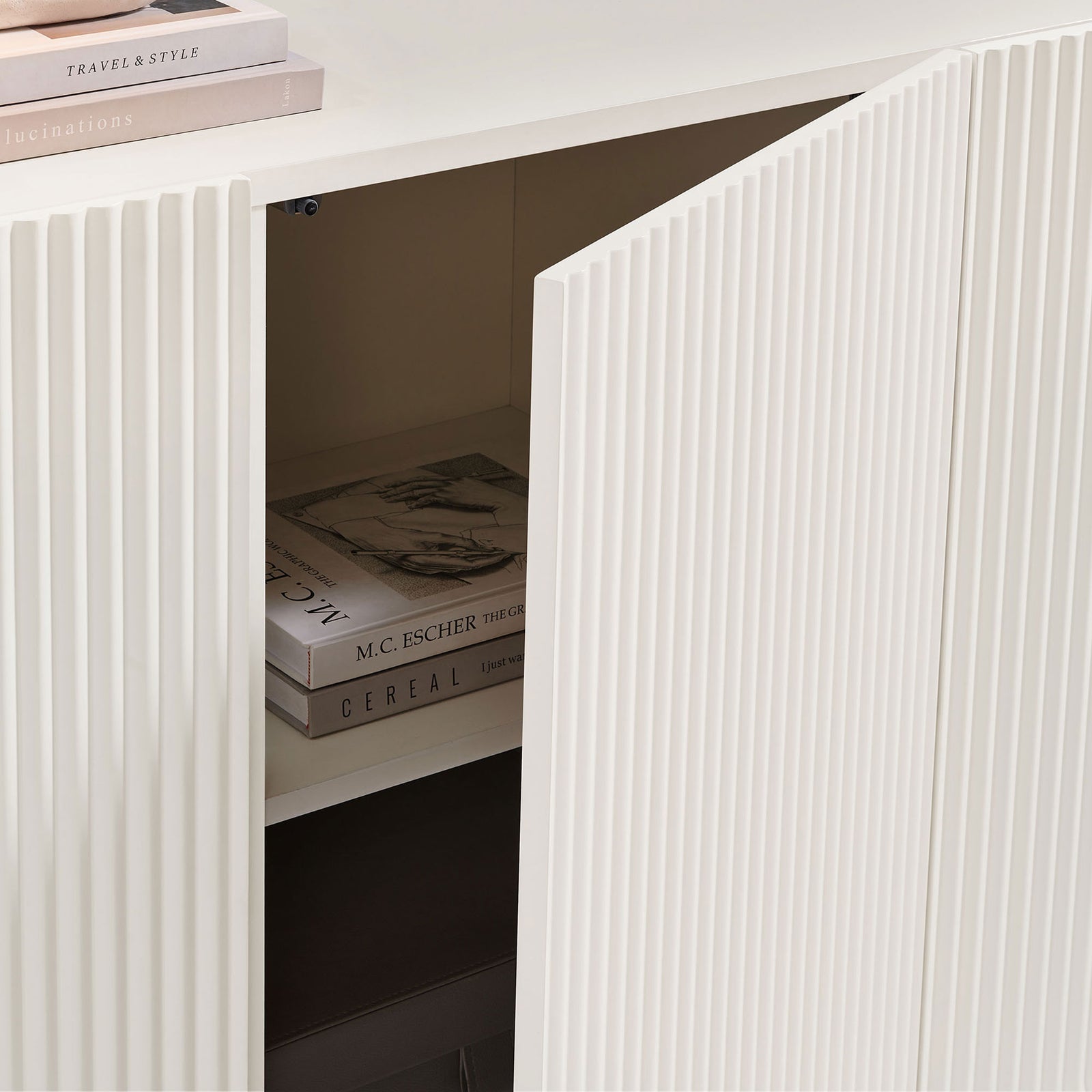 Push-to-open cabinet door revealing interior shelf space ideal for books and everyday essentials || EEI-7241-WHI || storage_open_studio