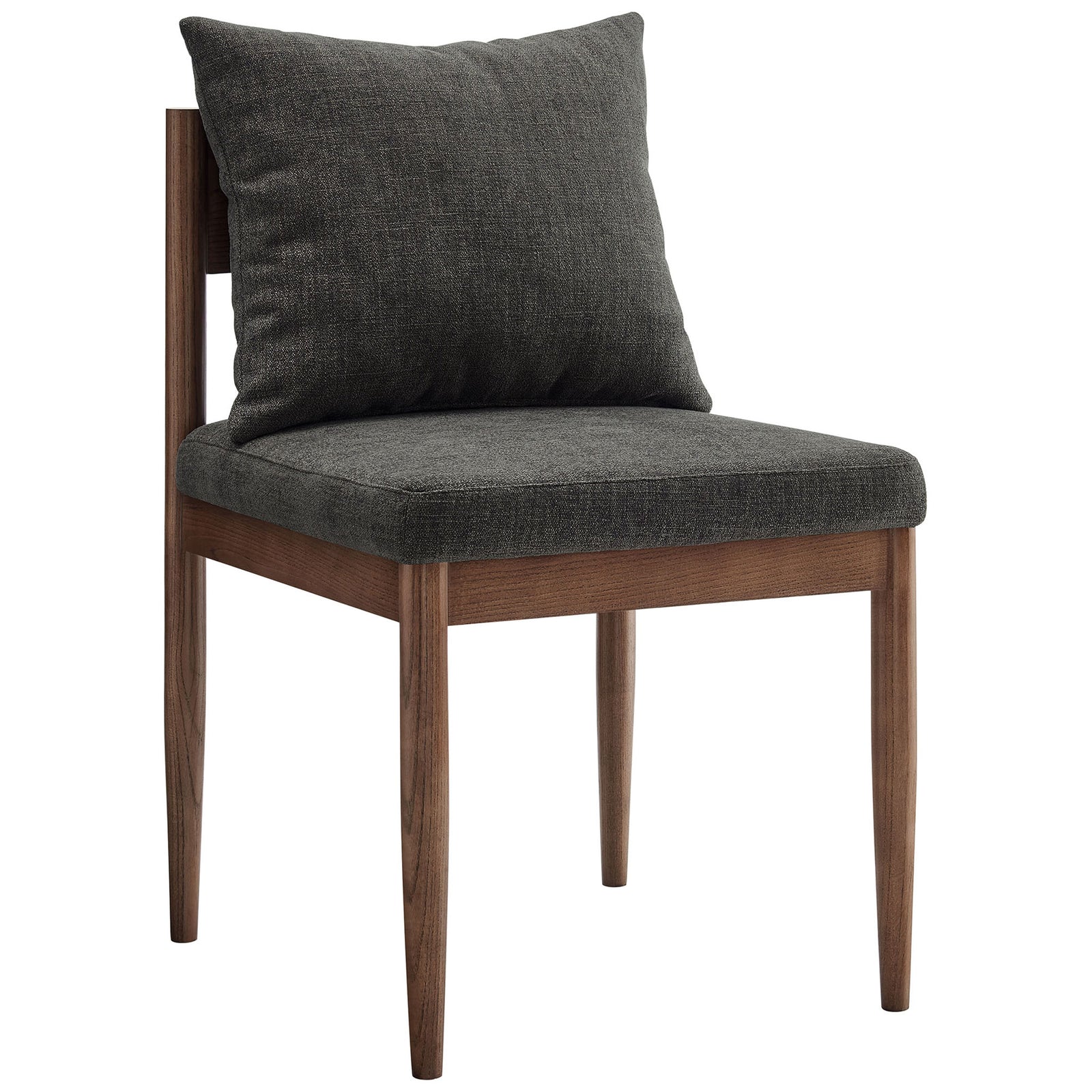 Charcoal upholstered Remington dining chair with tapered elm wood legs and plush back pillow. || EEI-7242-CHA || front_angle_studio