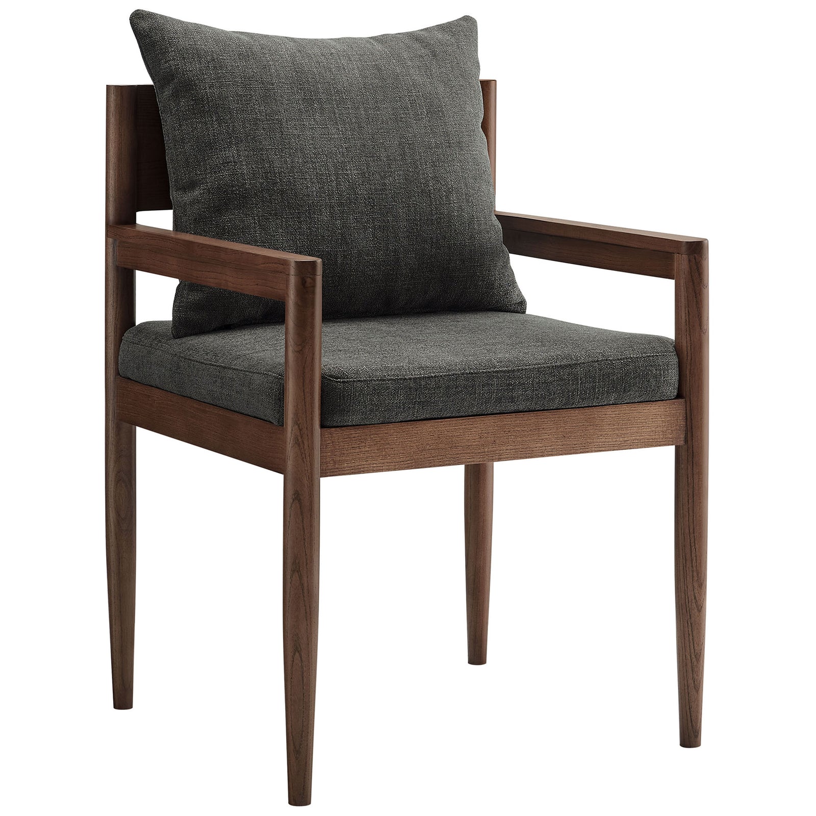 Elm wood dining armchair with charcoal cushions and sculpted tapered legs || EEI-7243-CHA || front_angle_studio