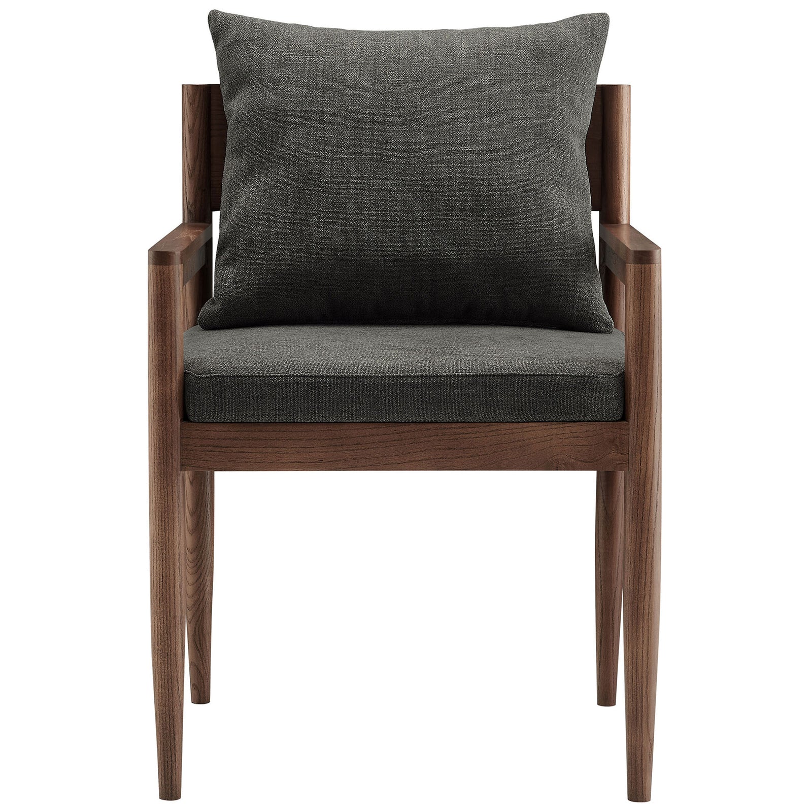 Charcoal upholstered dining armchair with open wood arms and plush back cushion || EEI-7243-CHA || front_studio