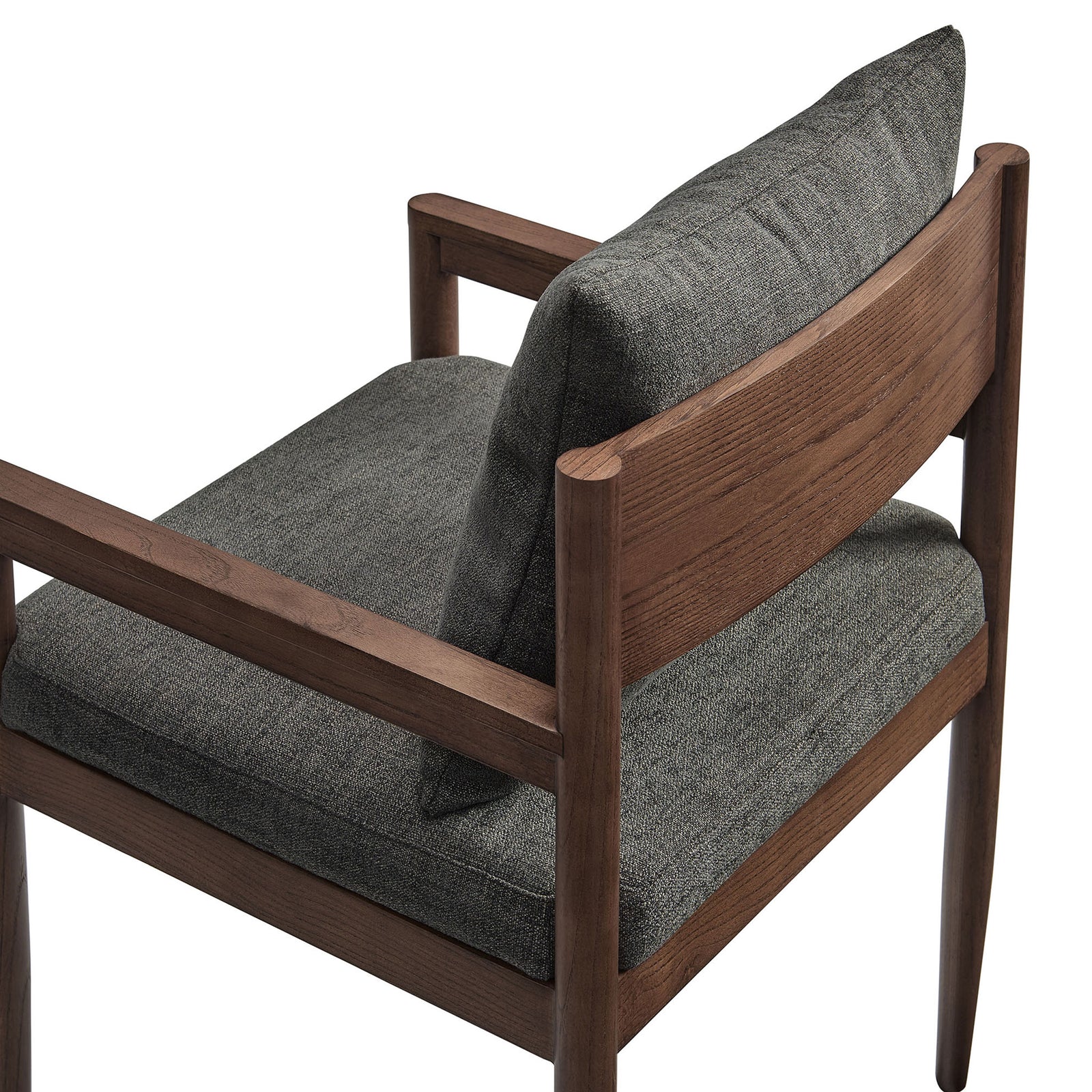 Detail of elm wood frame, slim armrest, and textured charcoal slub weave upholstery || EEI-7243-CHA || detail_studio