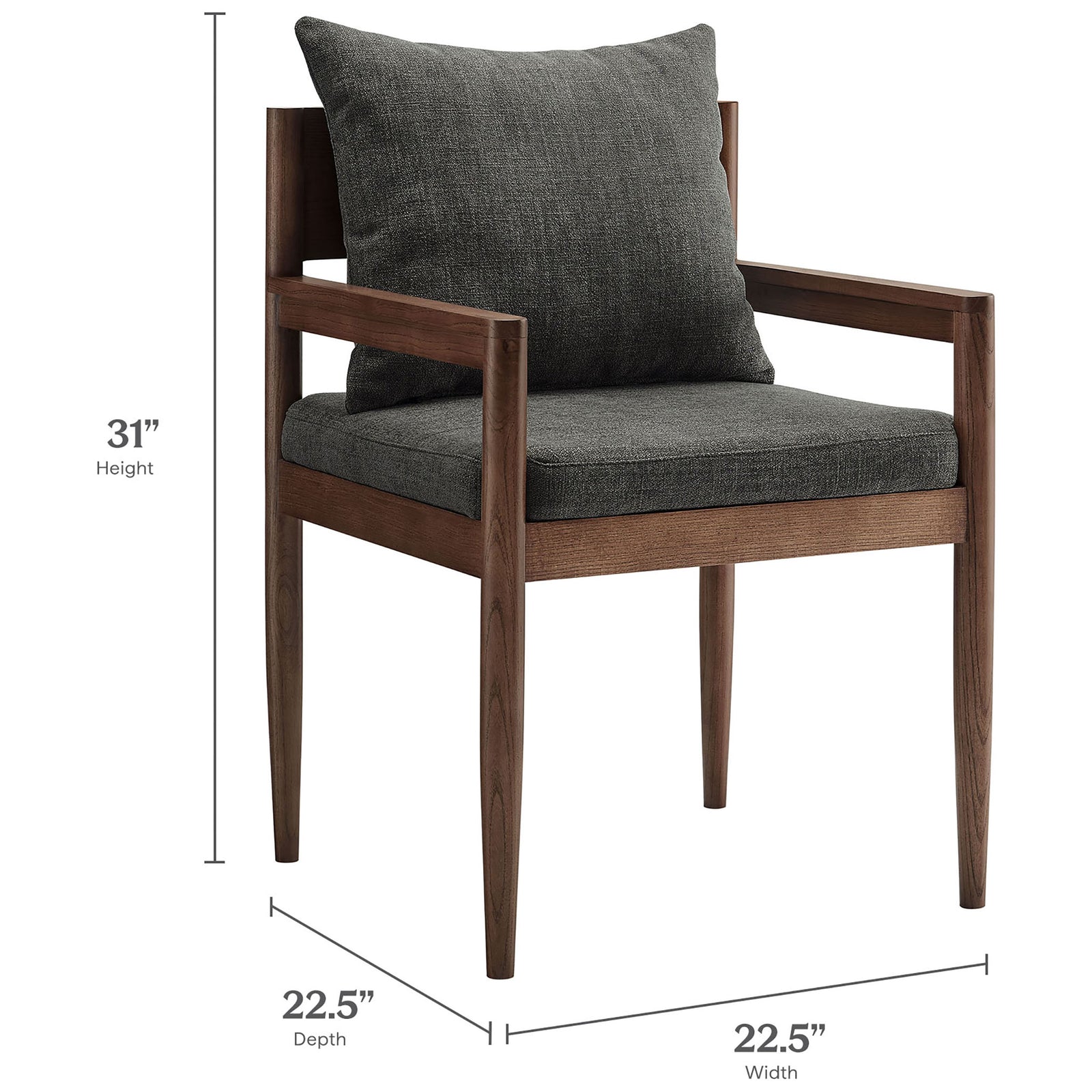 Remington armchair with charcoal cushions and labeled measurements for height, depth, and width || EEI-7243-CHA || dimension_studio