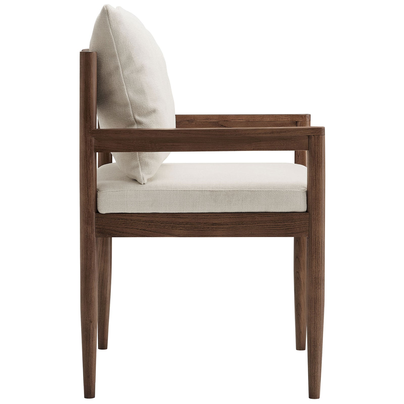 Side profile of elm wood armchair with slim arms and generously padded seat cushion || EEI-7243-SAL || side_studio