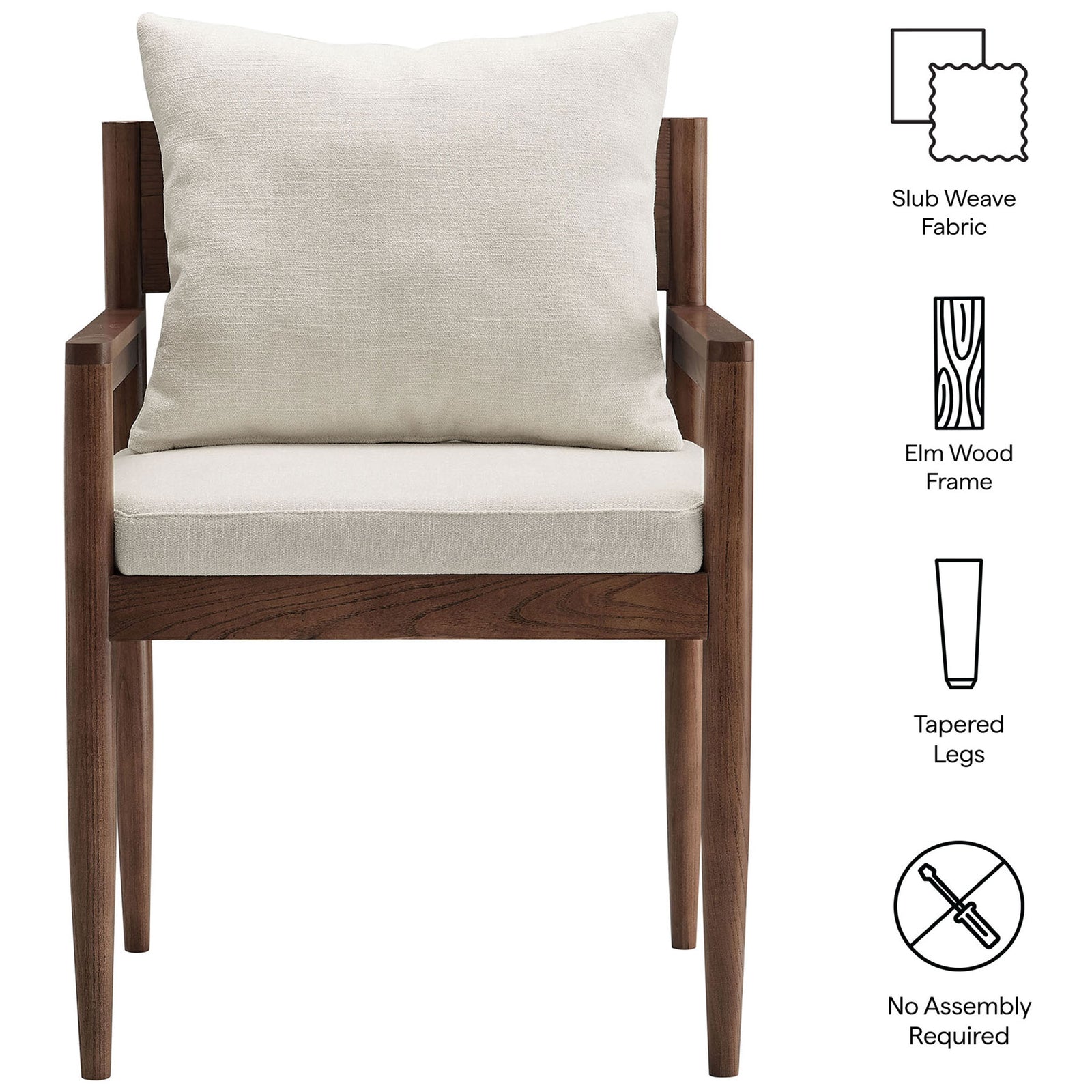 Salt upholstered armchair highlighting slub weave fabric, elm wood frame, and tapered legs || EEI-7243-SAL || callout_studio