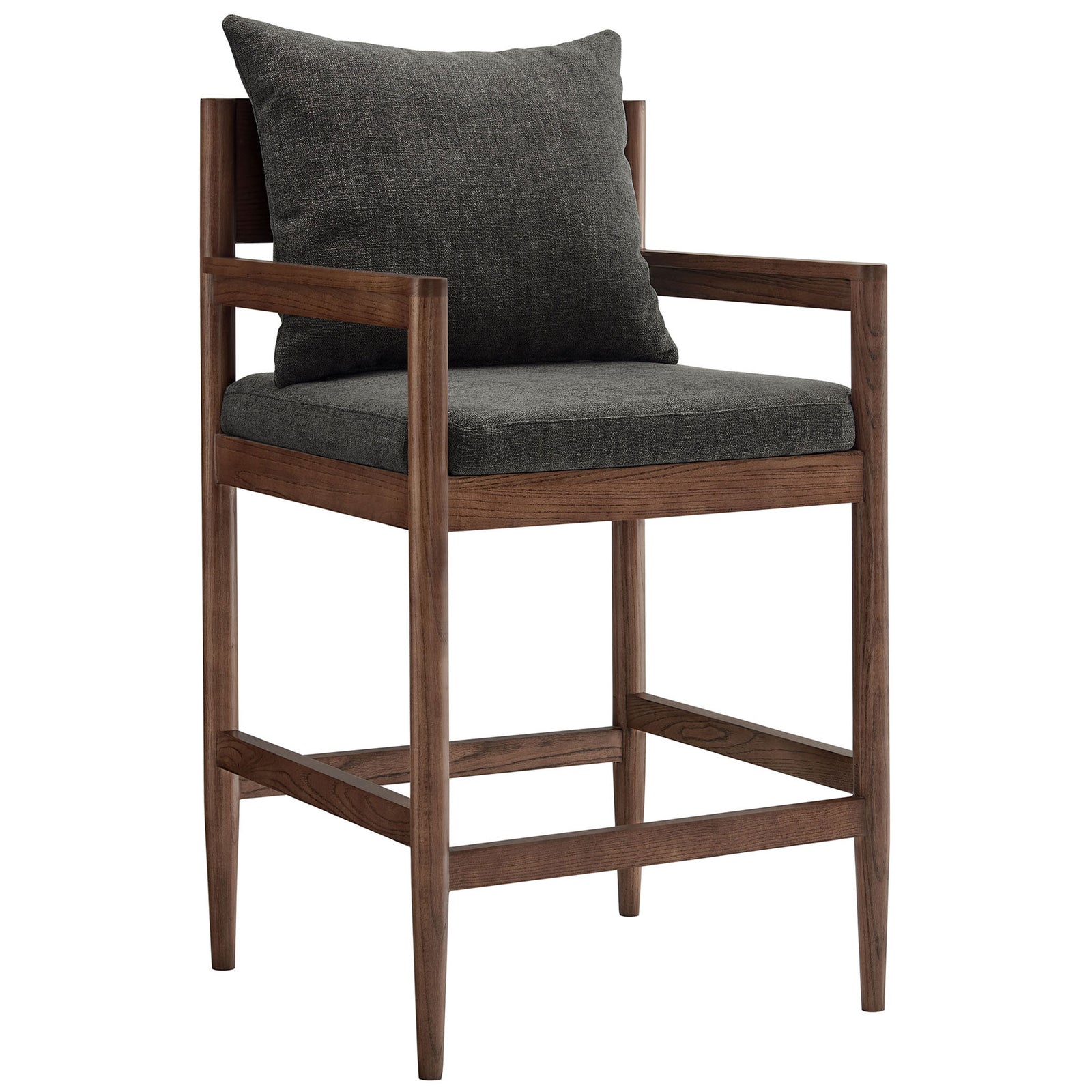 Sleek arms and an open back showcase the elm frame with a plush slub weave seat for everyday comfort. || EEI-7244-CHA || front_angle_studio