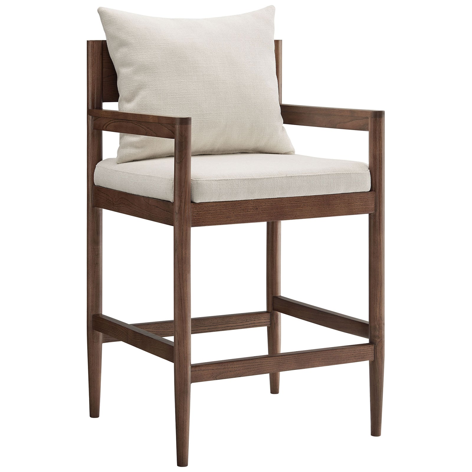 Streamlined counter stool with integrated armrests, tapered legs, and a supportive foam seat in textured fabric || EEI-7244-SAL || front_angle_studio