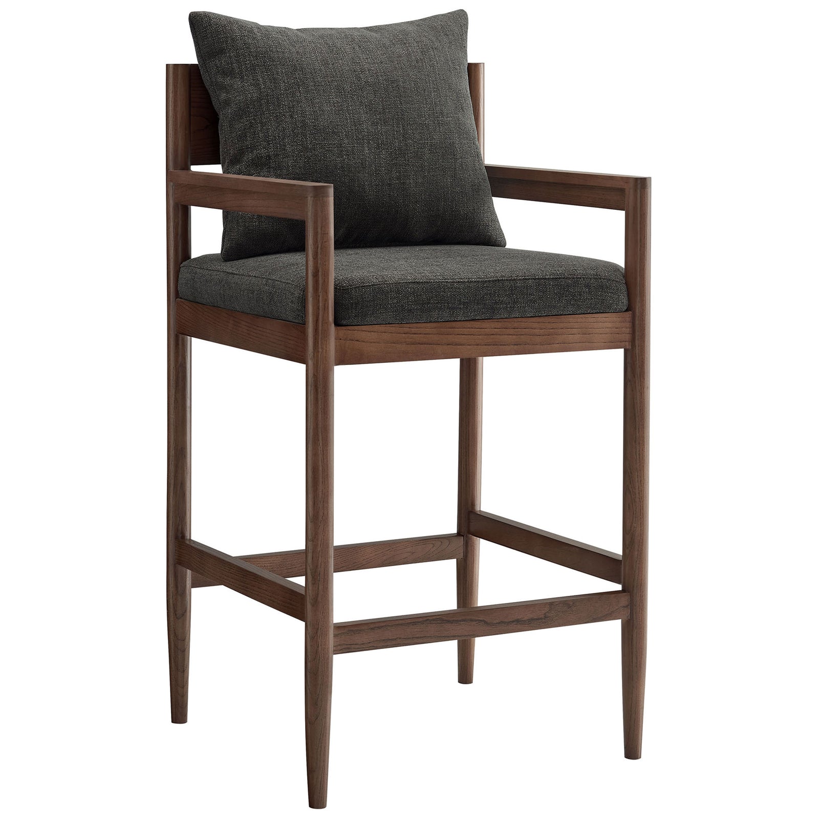 Streamlined arms and open back highlight warm elm grain and tailored, textured upholstery. || EEI-7245-CHA || front_angle_studio