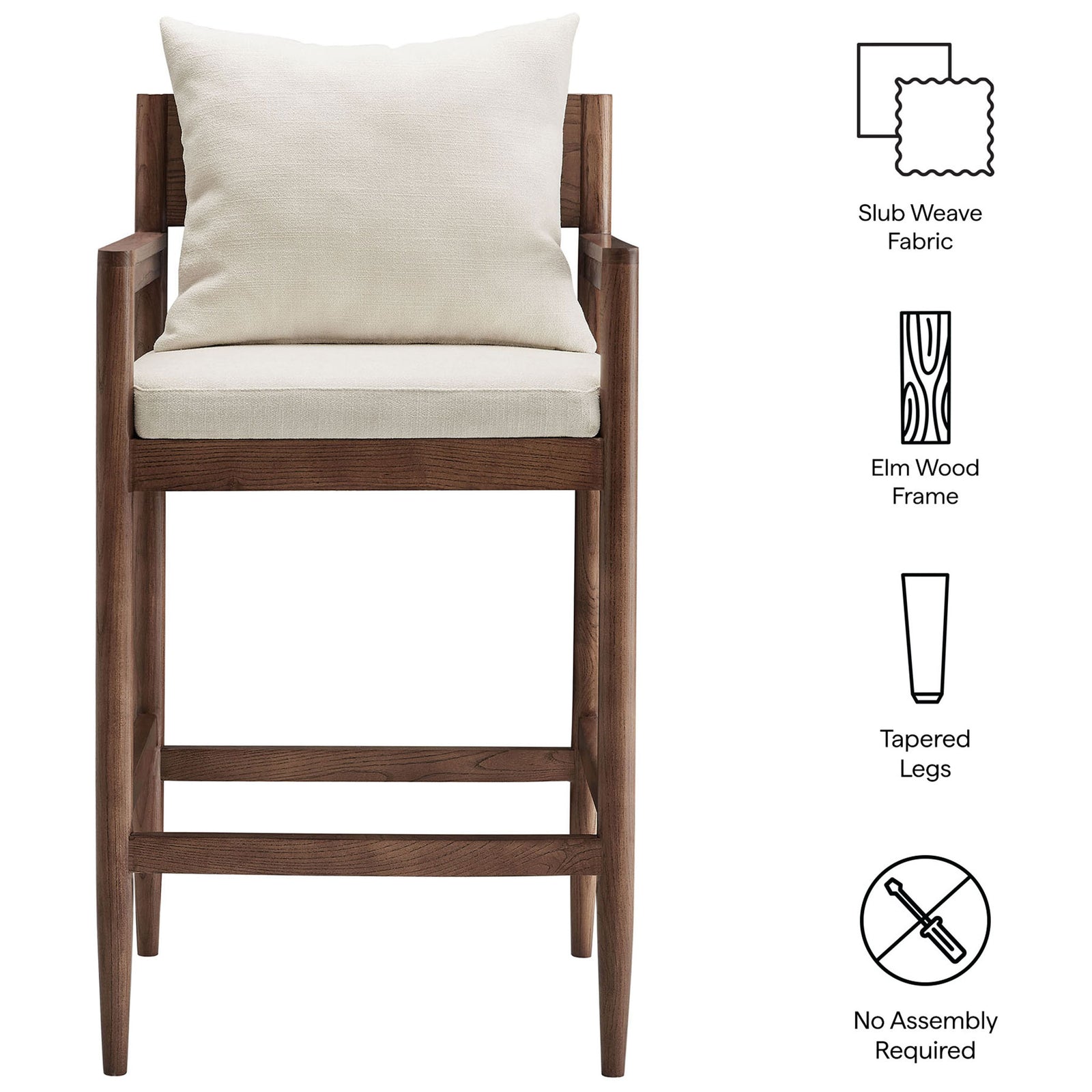 Feature highlights: slub-weave fabric, elm wood frame, tapered legs, and no assembly required || EEI-7245-SAL || callout_studio