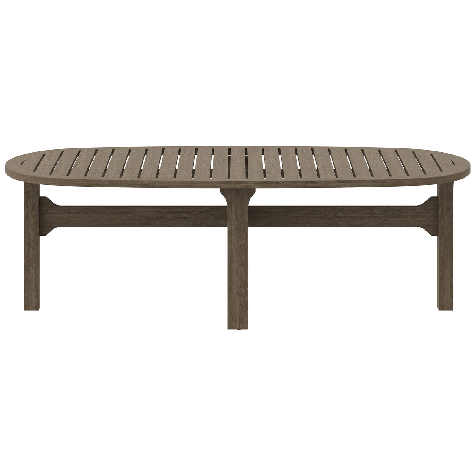 Oval weathered gray teak coffee table with slatted top and sturdy trestle-style base || EEI-7246-WGR || front_studio