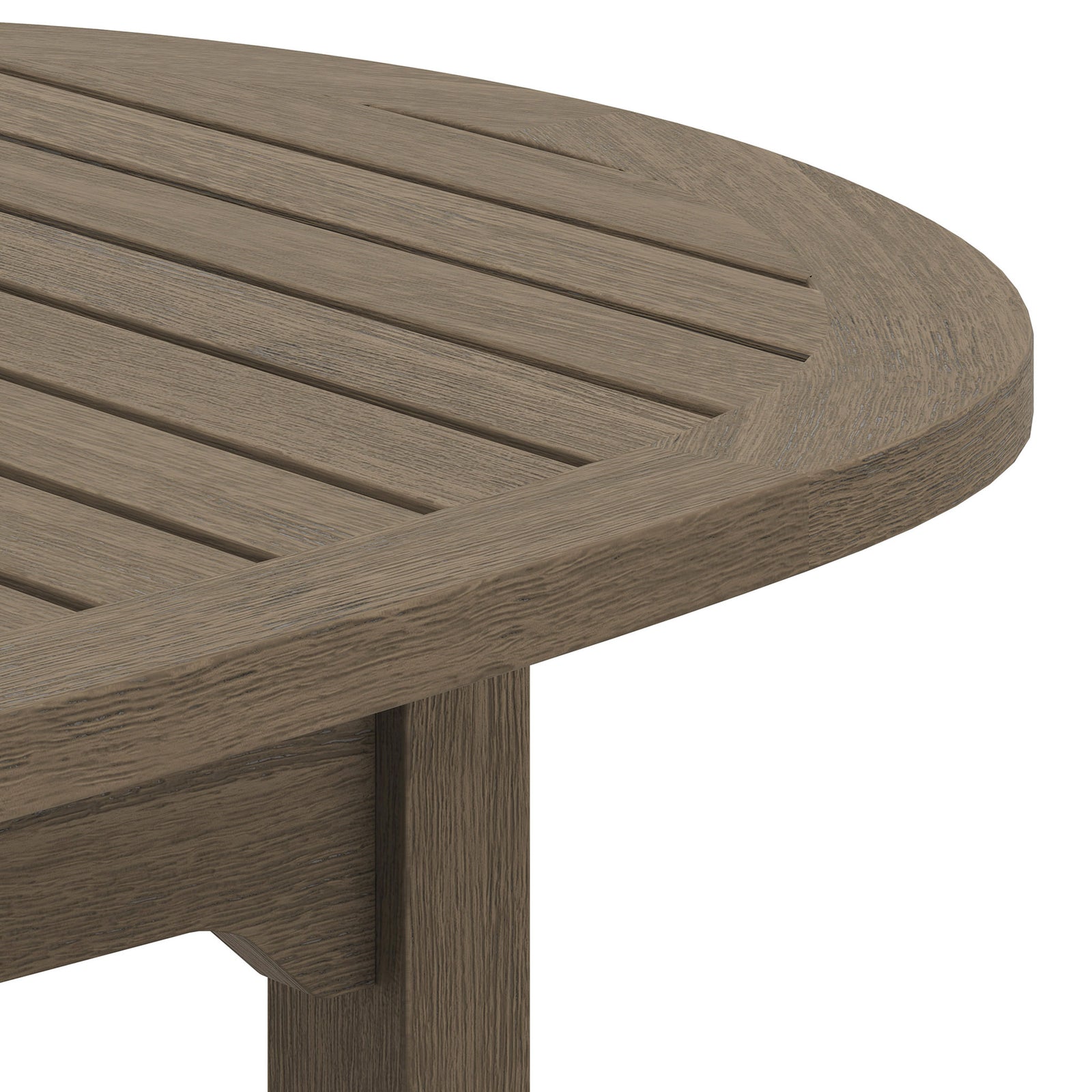 Close-up of the slatted oval tabletop and gently rounded edge in a weathered gray teak finish || EEI-7246-WGR || detail_studio