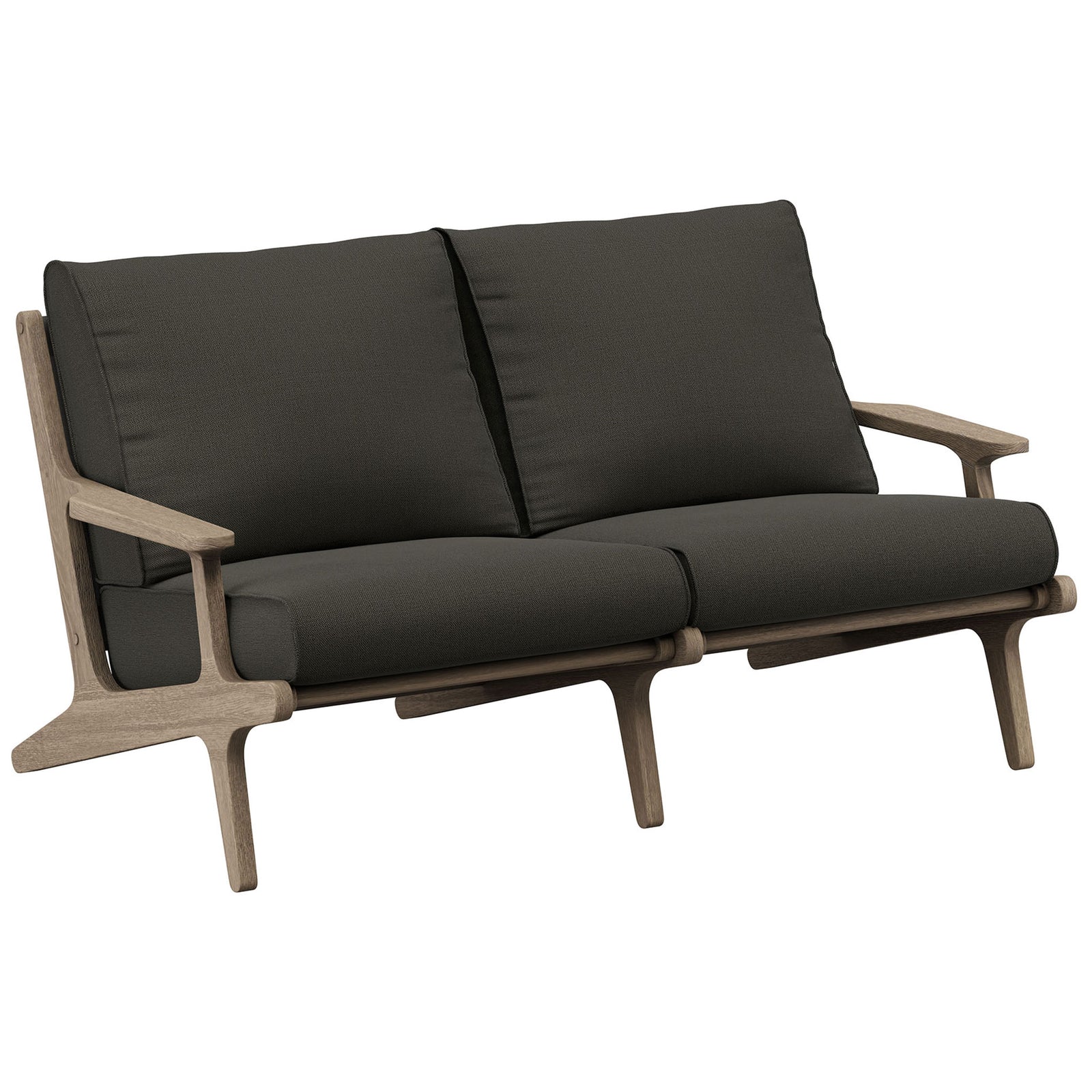 Saratoga loveseat showing deep flint gray cushions and angled teak legs for relaxed outdoor lounging. || EEI-7247-WGR-FLI || front_angle_studio