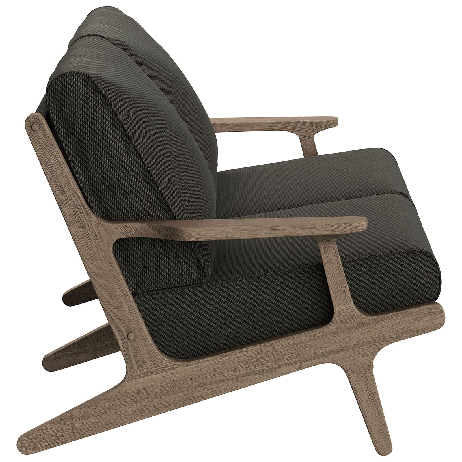 Saratoga loveseat side profile with sculpted teak arms and generously padded flint gray seat. || EEI-7247-WGR-FLI || side_studio