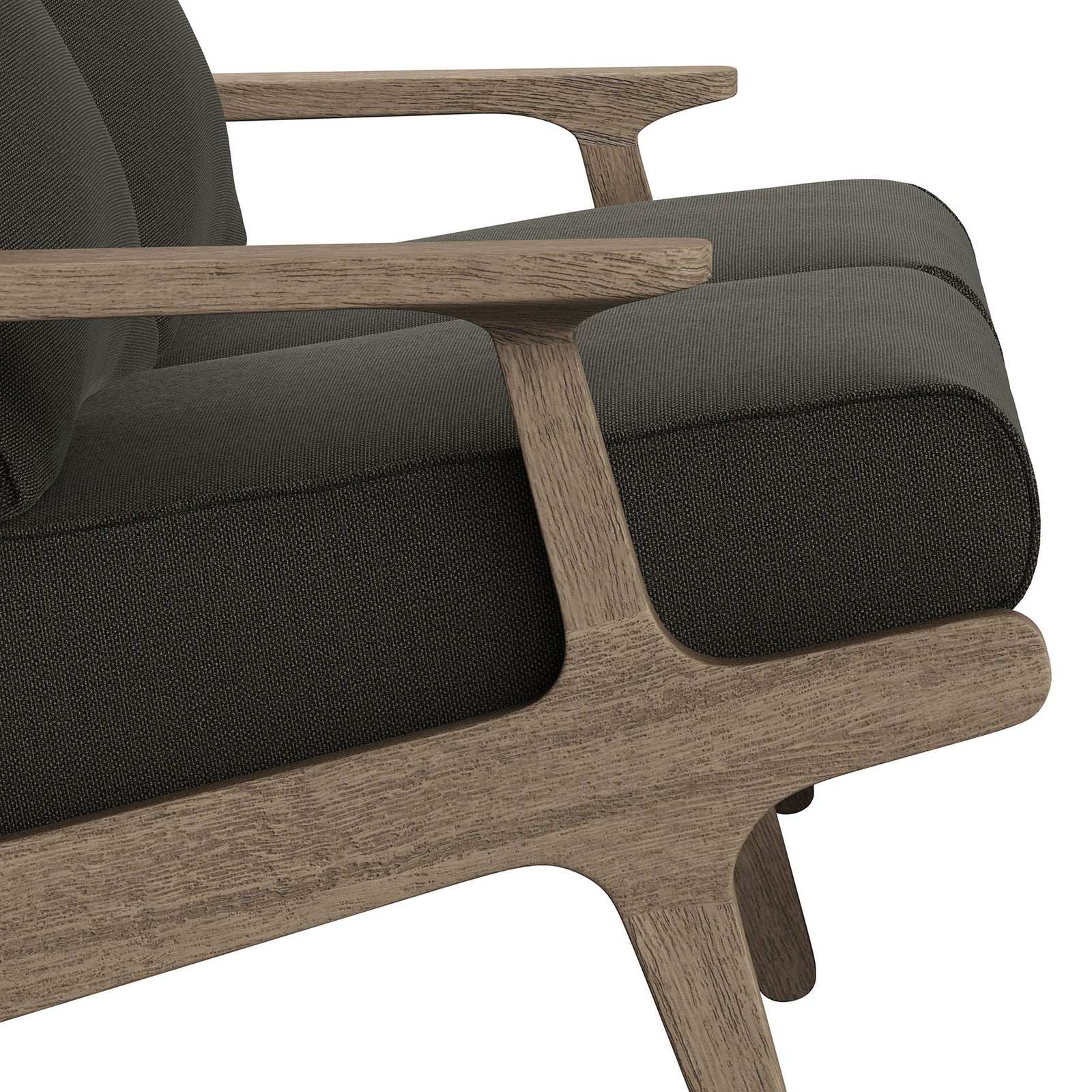 Saratoga loveseat featuring smooth teak armrest contours and plush flint gray cushion edge. || EEI-7247-WGR-FLI || detail_studio