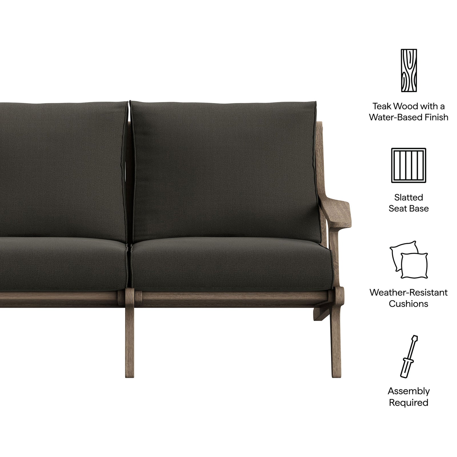 Saratoga loveseat with feature icons for teak wood frame, slatted seat, and weather-resistant cushions. || EEI-7247-WGR-FLI || callout_studio