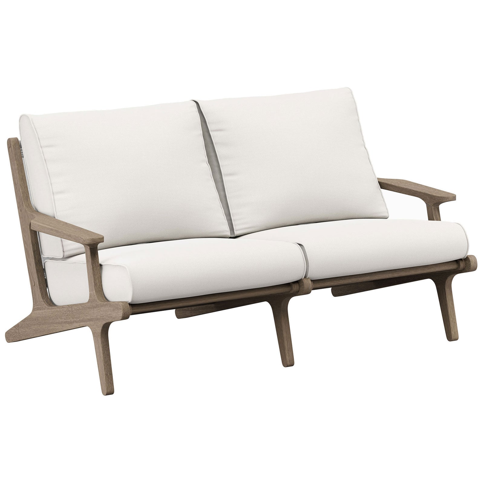 Saratoga loveseat showcasing plush white cushions over a sculpted teak frame for airy outdoor comfort. || EEI-7247-WGR-WHI || front_angle_studio