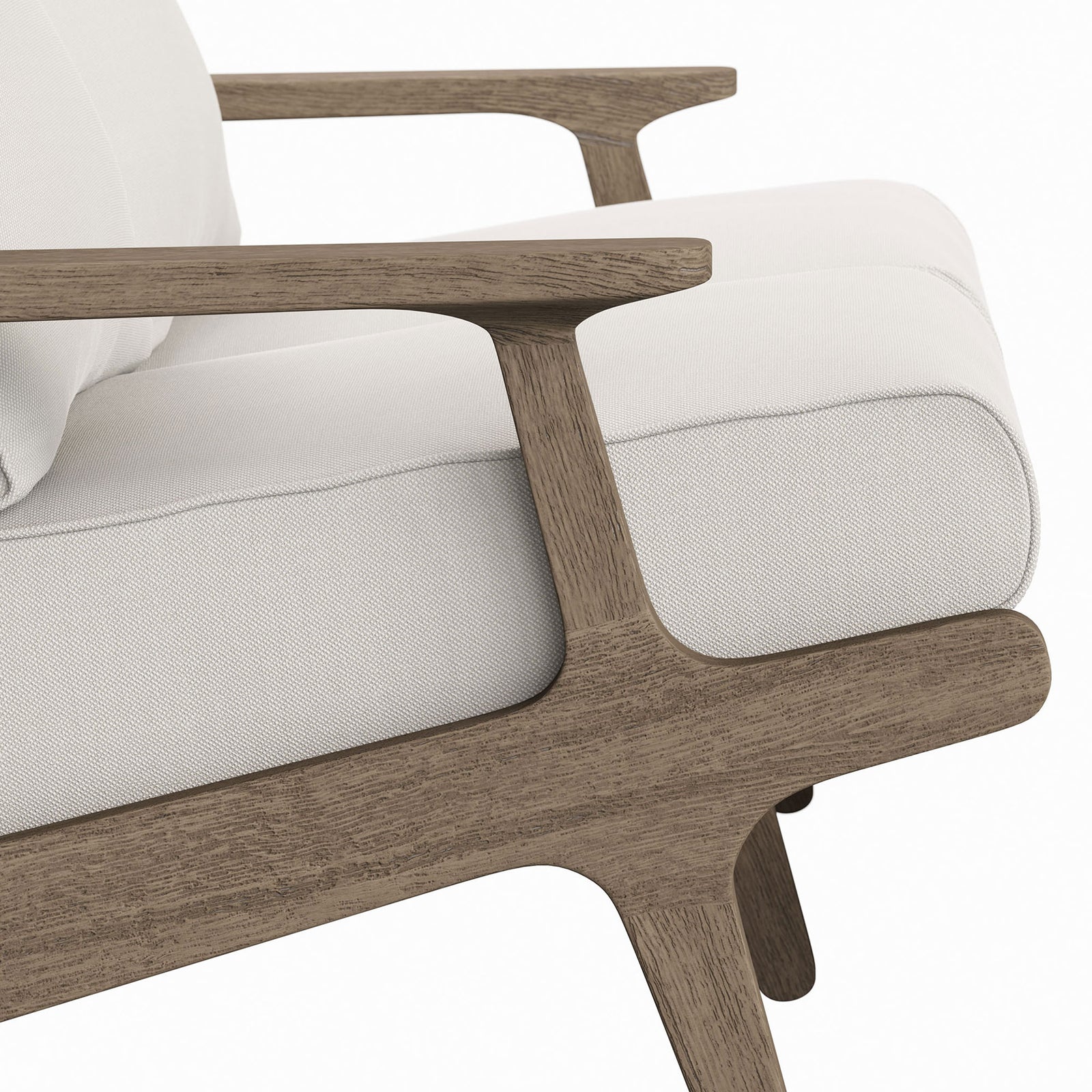 Saratoga loveseat featuring smooth teak armrest and finely woven white cushion fabric. || EEI-7247-WGR-WHI || detail_studio