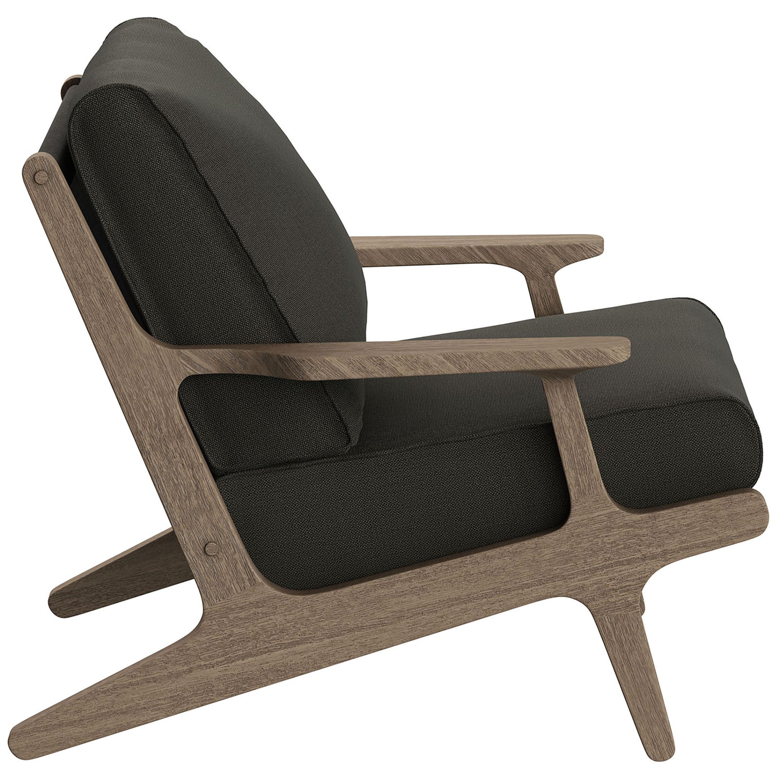 Saratoga flint gray lounge chair showcasing sculpted arms and tapered teak legs || EEI-7248-WGR-FLI || side_studio