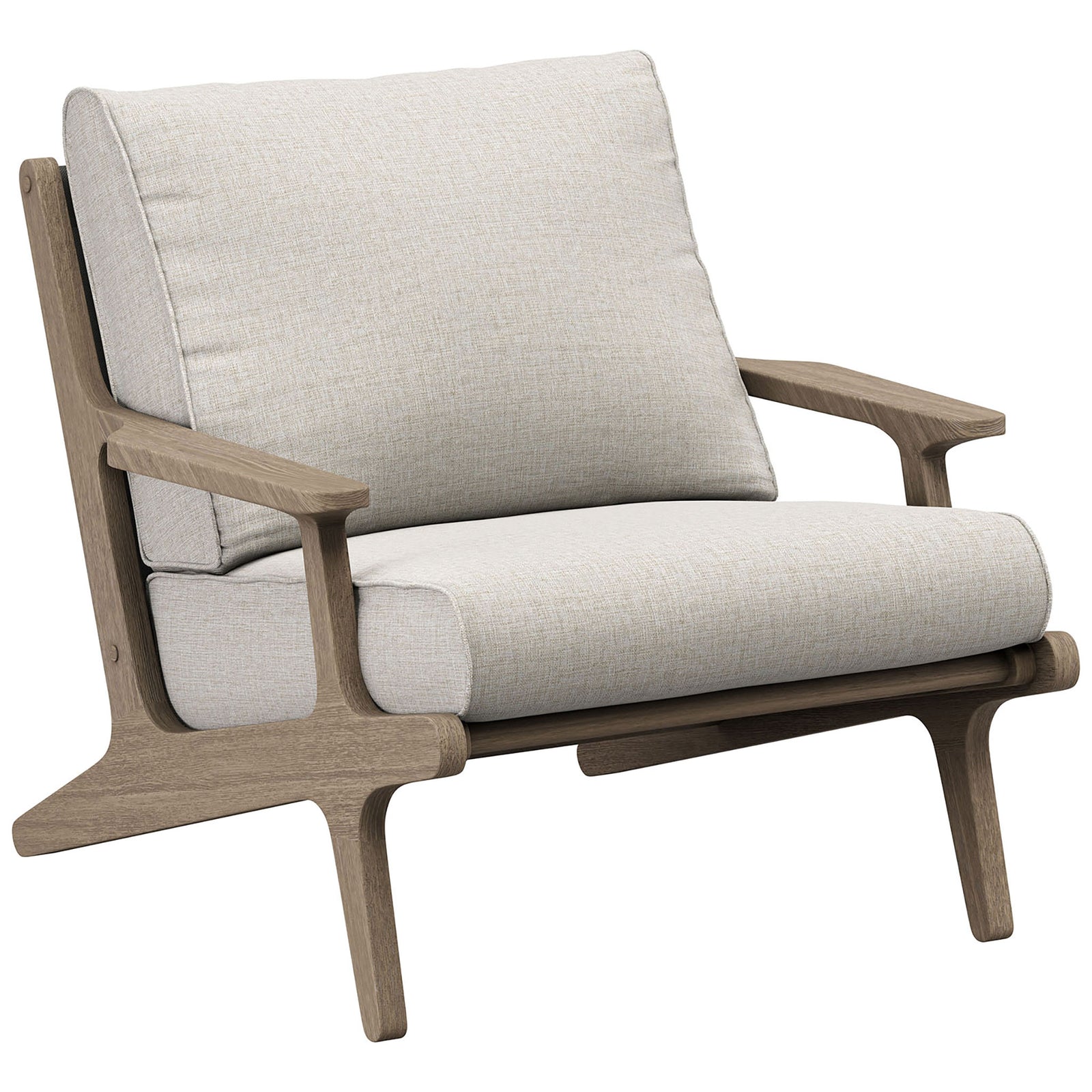 Saratoga pebble armchair with deep seat and relaxed mid century inspired teak frame || EEI-7248-WGR-PEB || front_angle_studio