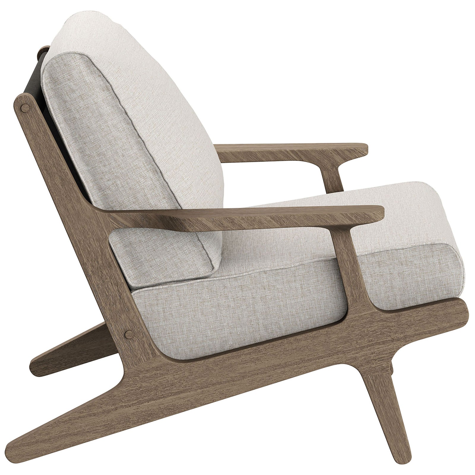 Saratoga pebble lounge chair showcasing sculpted arms and tapered teak legs || EEI-7248-WGR-PEB || side_studio