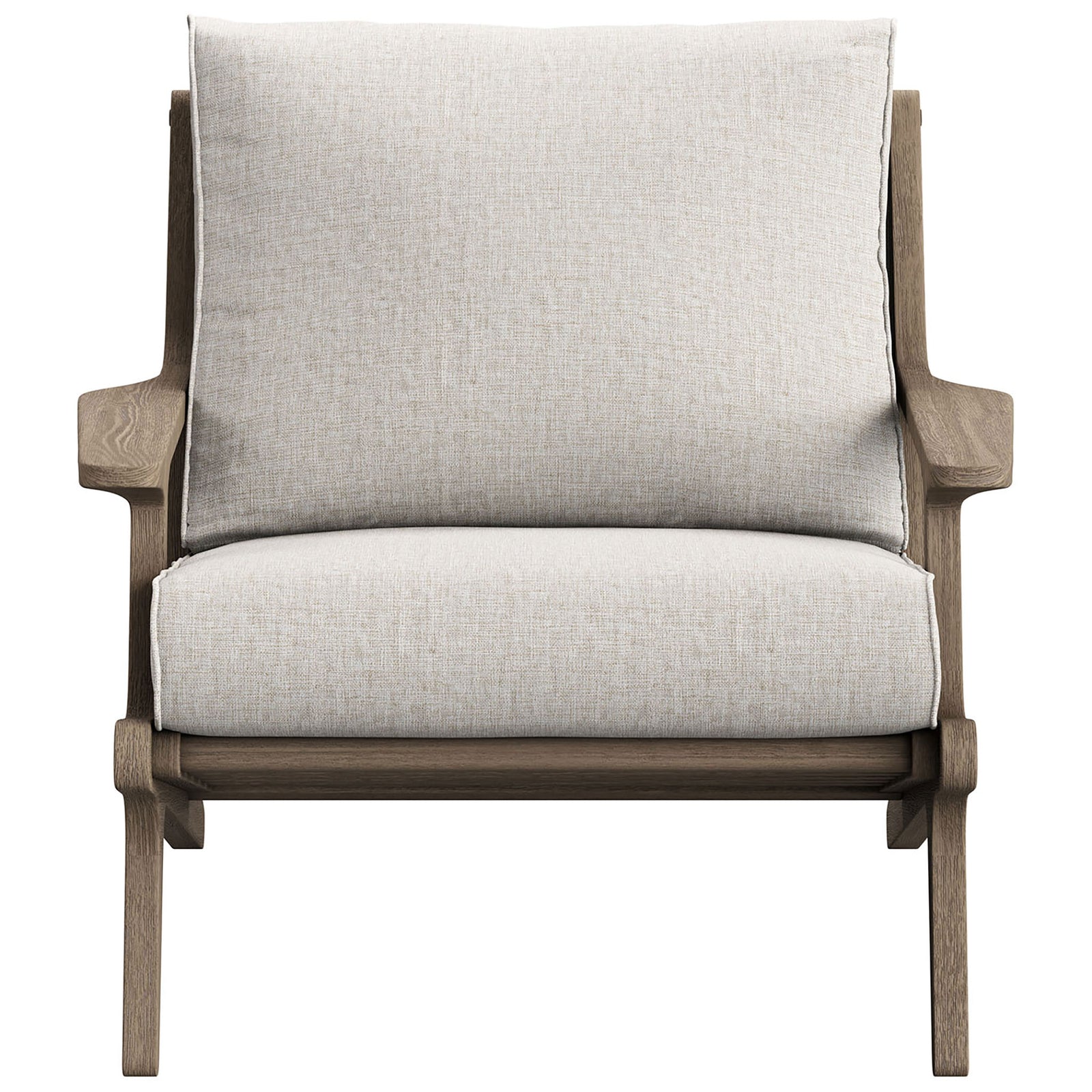 Saratoga pebble outdoor lounge chair with soft neutral cushions and sculpted teak arms || EEI-7248-WGR-PEB || front_studio
