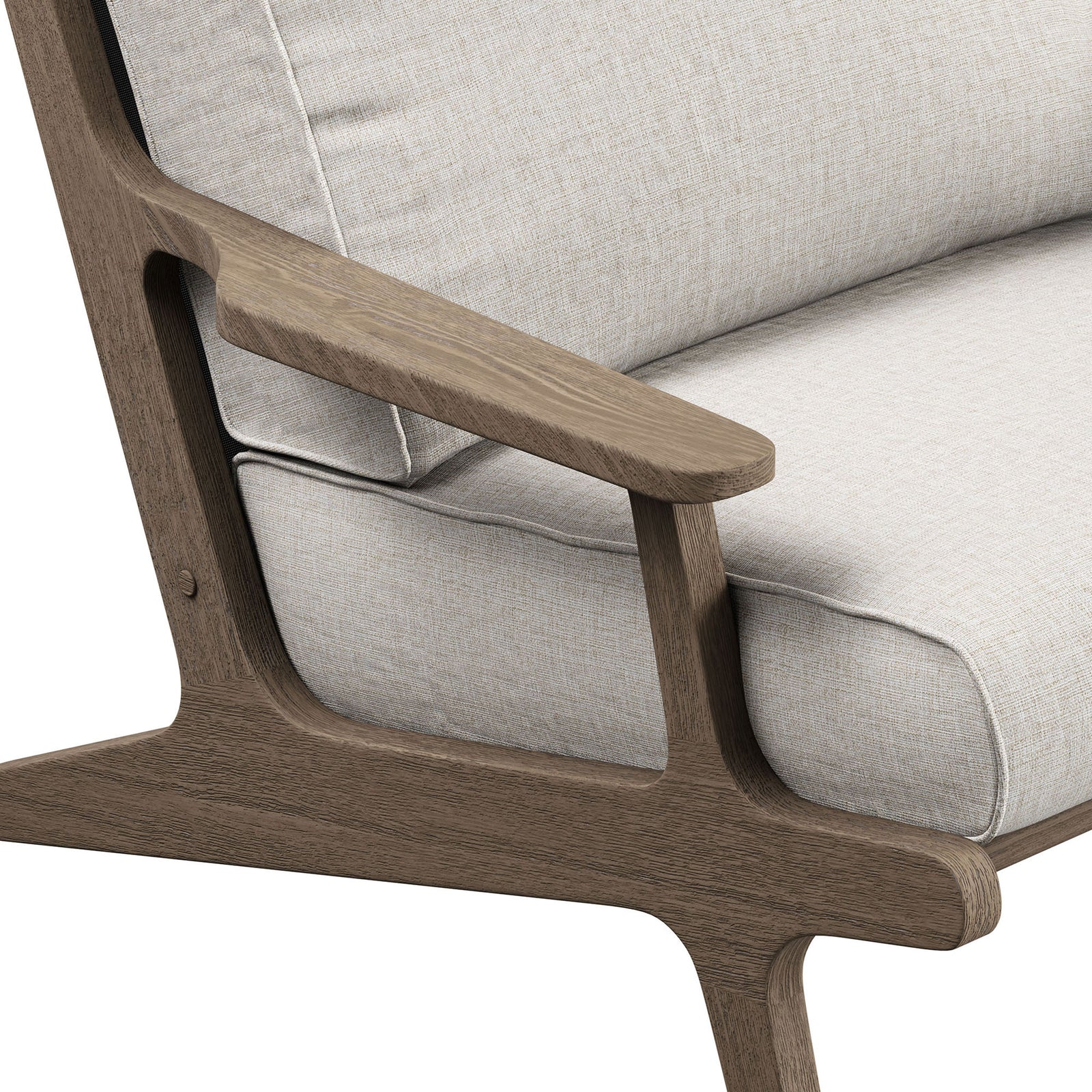 Refined Saratoga pebble chair armrest with thick cushion on smooth weathered teak frame || EEI-7248-WGR-PEB || detail_studio