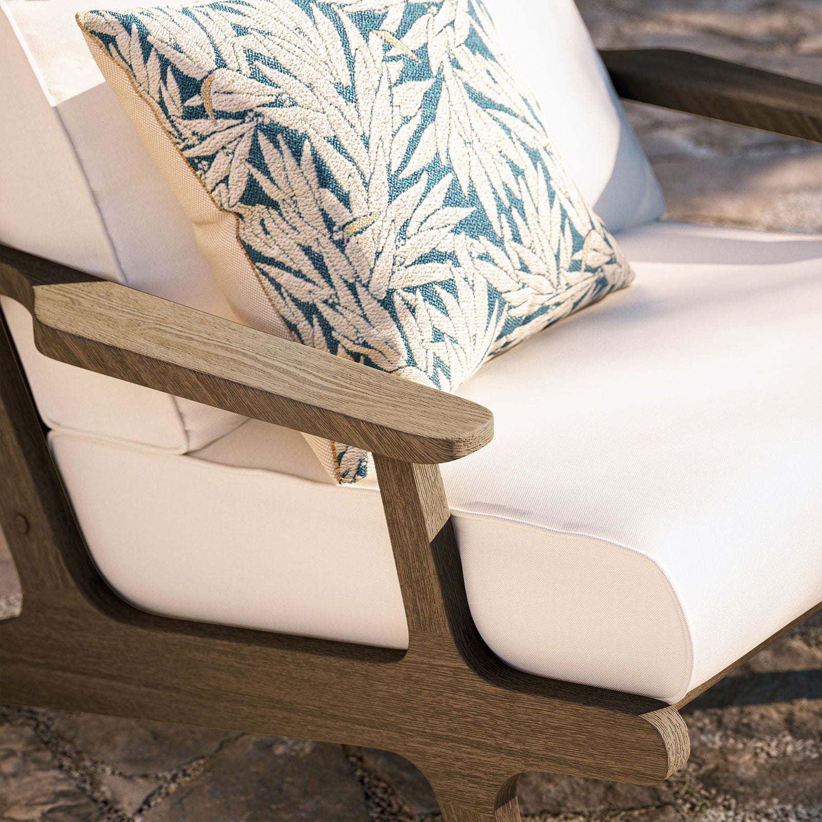 Saratoga white chair armrest and cushion styled with a tropical pattern outdoor pillow || EEI-7248-WGR-WHI || detail_room