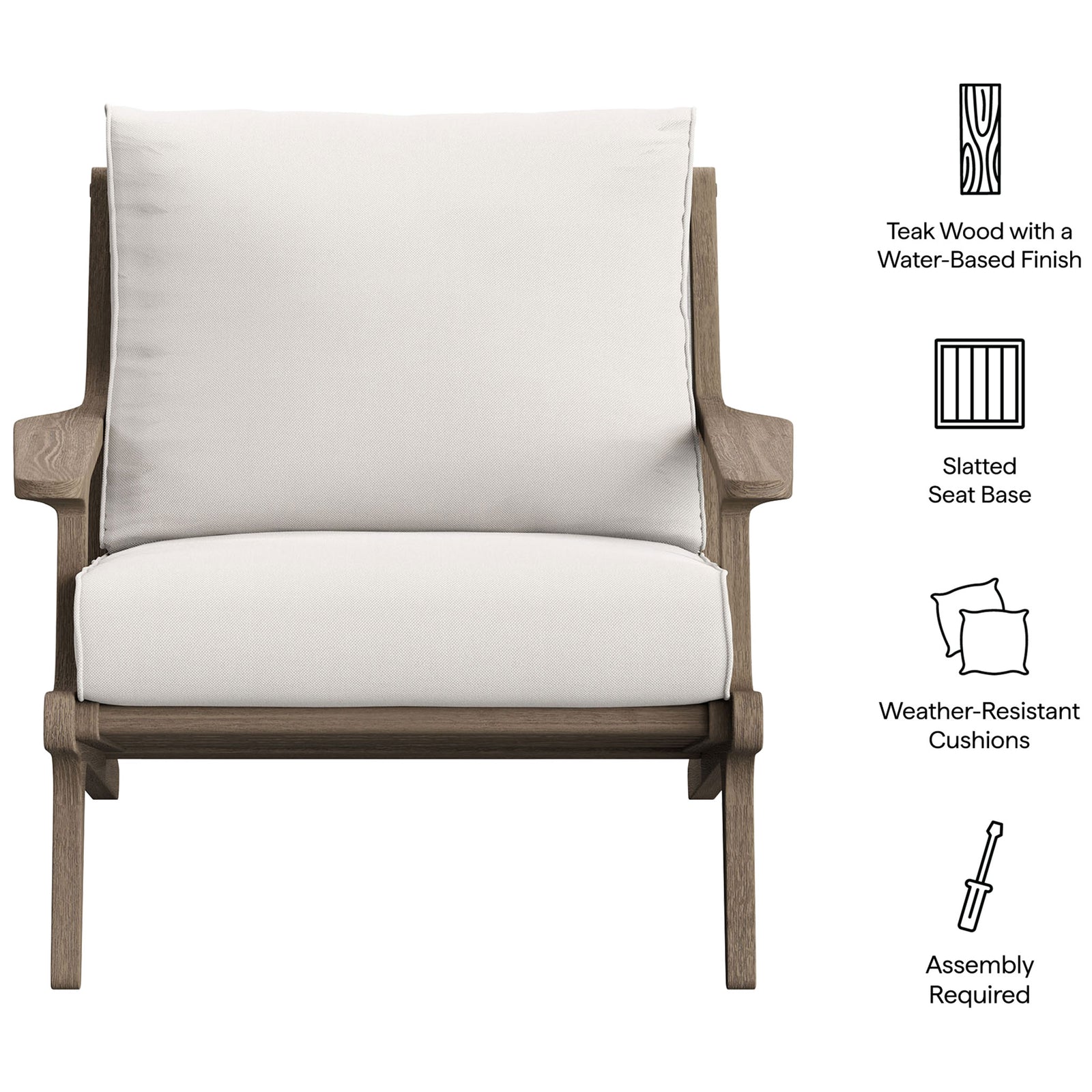 Saratoga white teak armchair highlighting water-based finish, slatted seat, and weather resistant cushions || EEI-7248-WGR-WHI || callout_studio