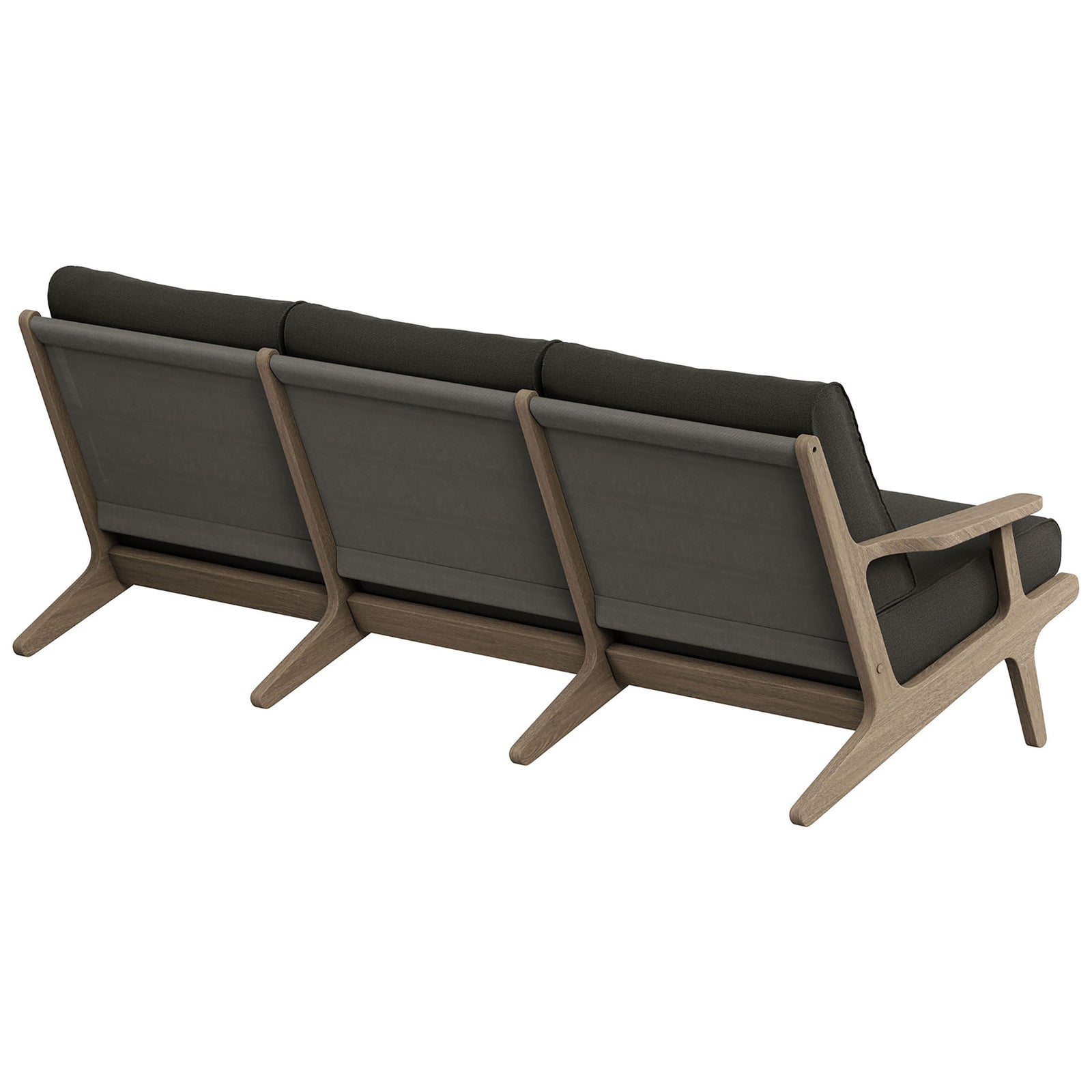 Outdoor teak sofa featuring breathable fabric back panels and sturdy tri-leg frame support || EEI-7249-WGR-FLI || back_angle_studio