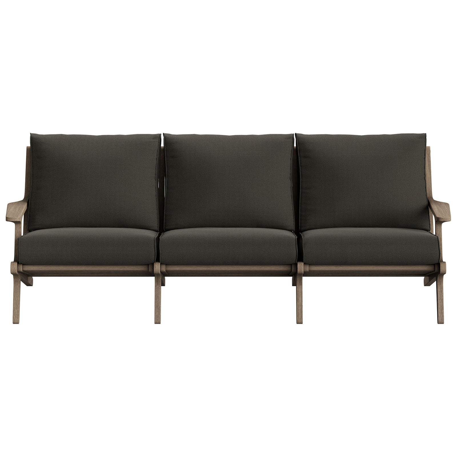 Three-seat Saratoga teak patio sofa with plush flint gray cushions and low-profile modern frame || EEI-7249-WGR-FLI || front_studio