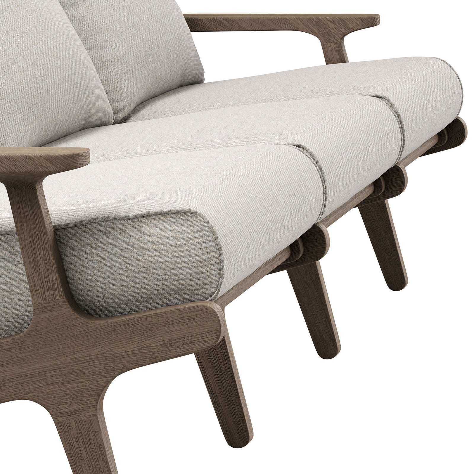 Pebble upholstery and rounded seat edges on teak sofa showcasing tailored seams and smooth wood grain || EEI-7249-WGR-PEB || detail_studio