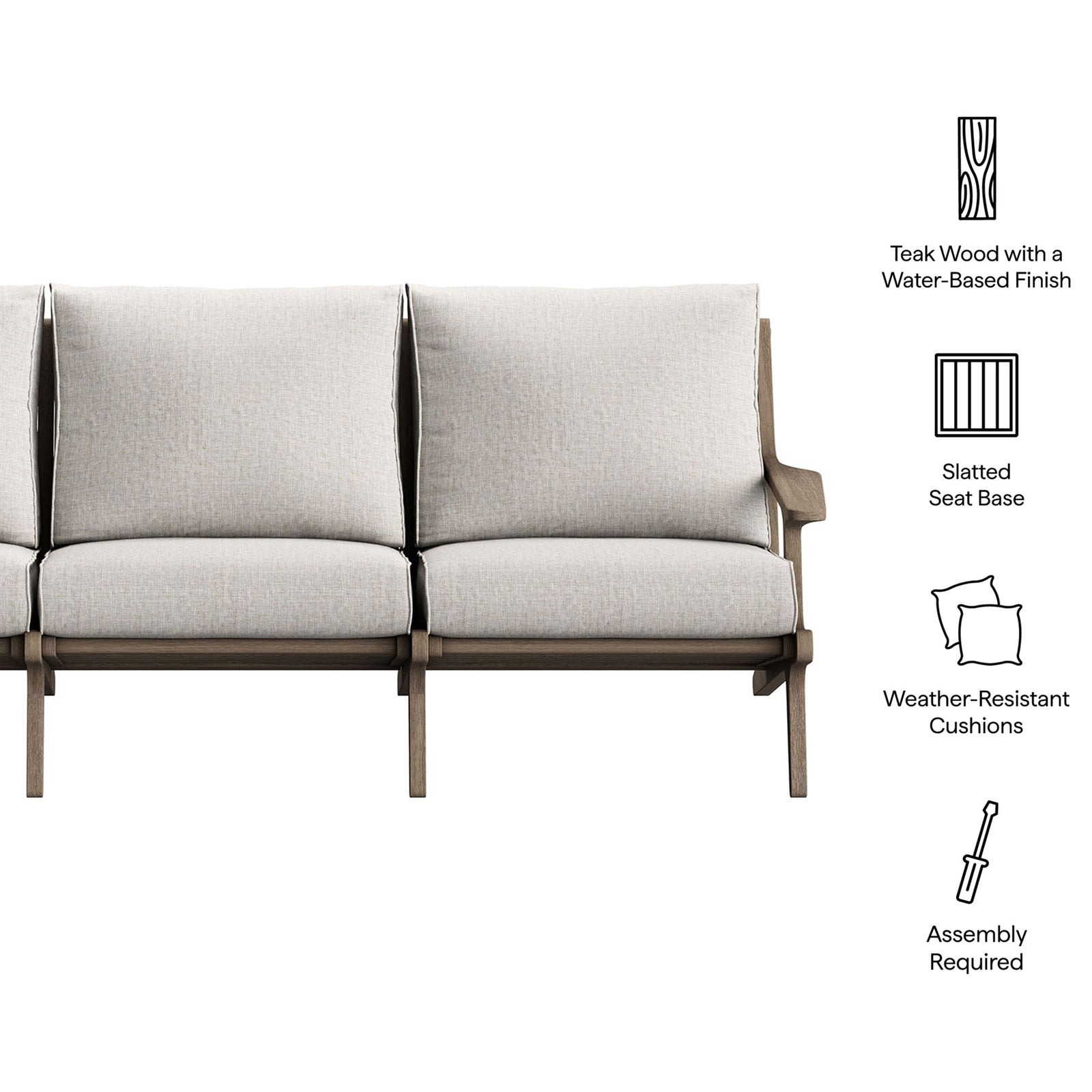 Teak patio sofa with icons calling out water-based finish, slatted seat base, and weather-ready cushions || EEI-7249-WGR-PEB || callout_studio