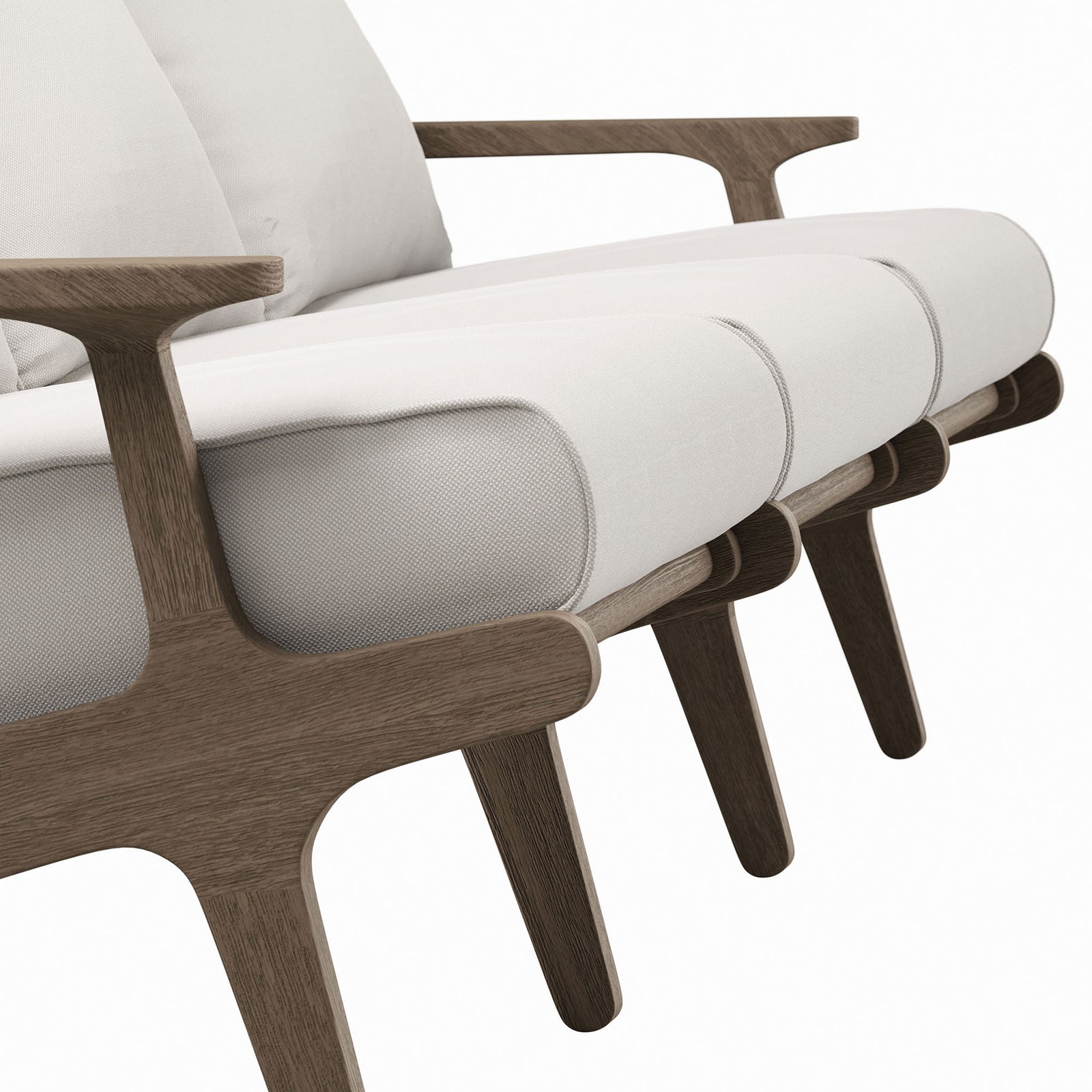 White cushions, rounded seat fronts, and smooth teak legs highlighting the sofa craftsmanship || EEI-7249-WGR-WHI || detail_studio