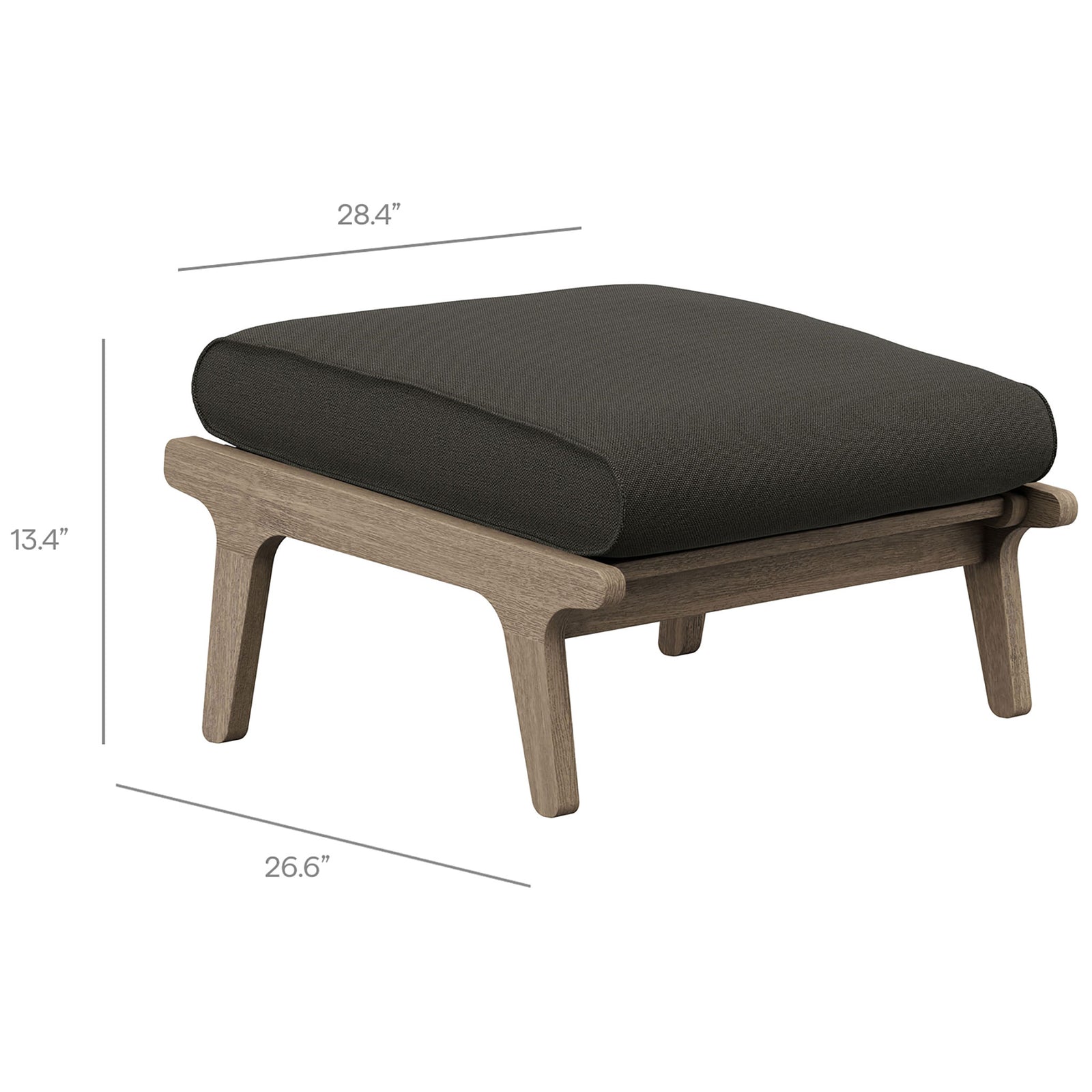 Dimensions of the flint gray cushioned teak ottoman shown for width, depth, and low profile height || EEI-7250-WGR-FLI || dimension_studio