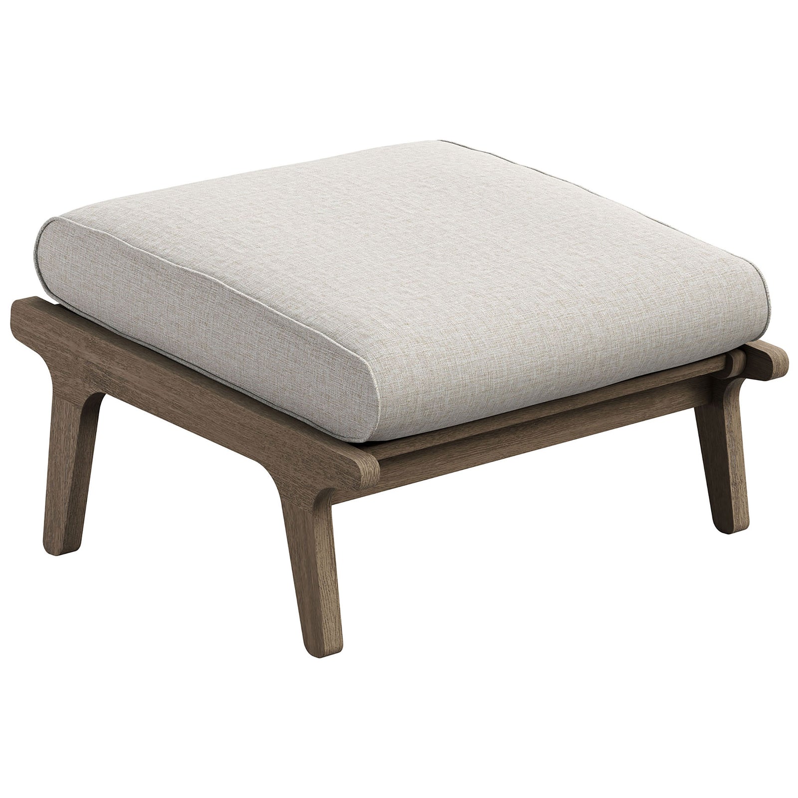 Teak outdoor ottoman with plush pebble cushion, emphasizing clean lines and contemporary profile || EEI-7250-WGR-PEB || front_angle_studio