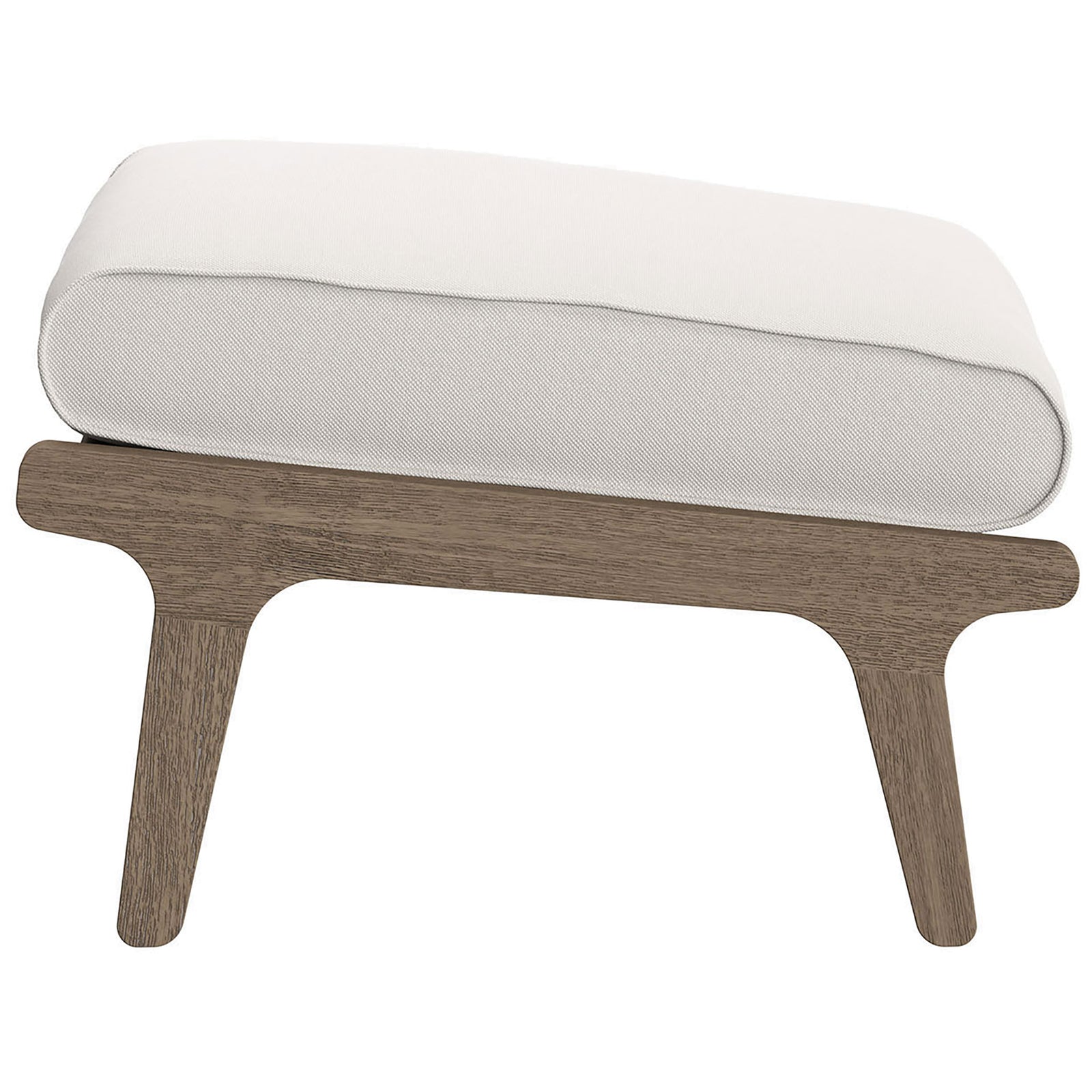 Teak ottoman with tapered legs and thick white cushion for comfortable poolside or patio seating || EEI-7250-WGR-WHI || side_studio