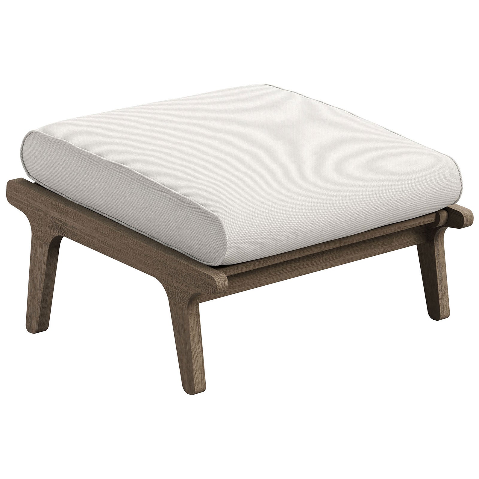 Teak outdoor ottoman with plush white cushion, featuring clean lines and a relaxed modern profile || EEI-7250-WGR-WHI || front_angle_studio